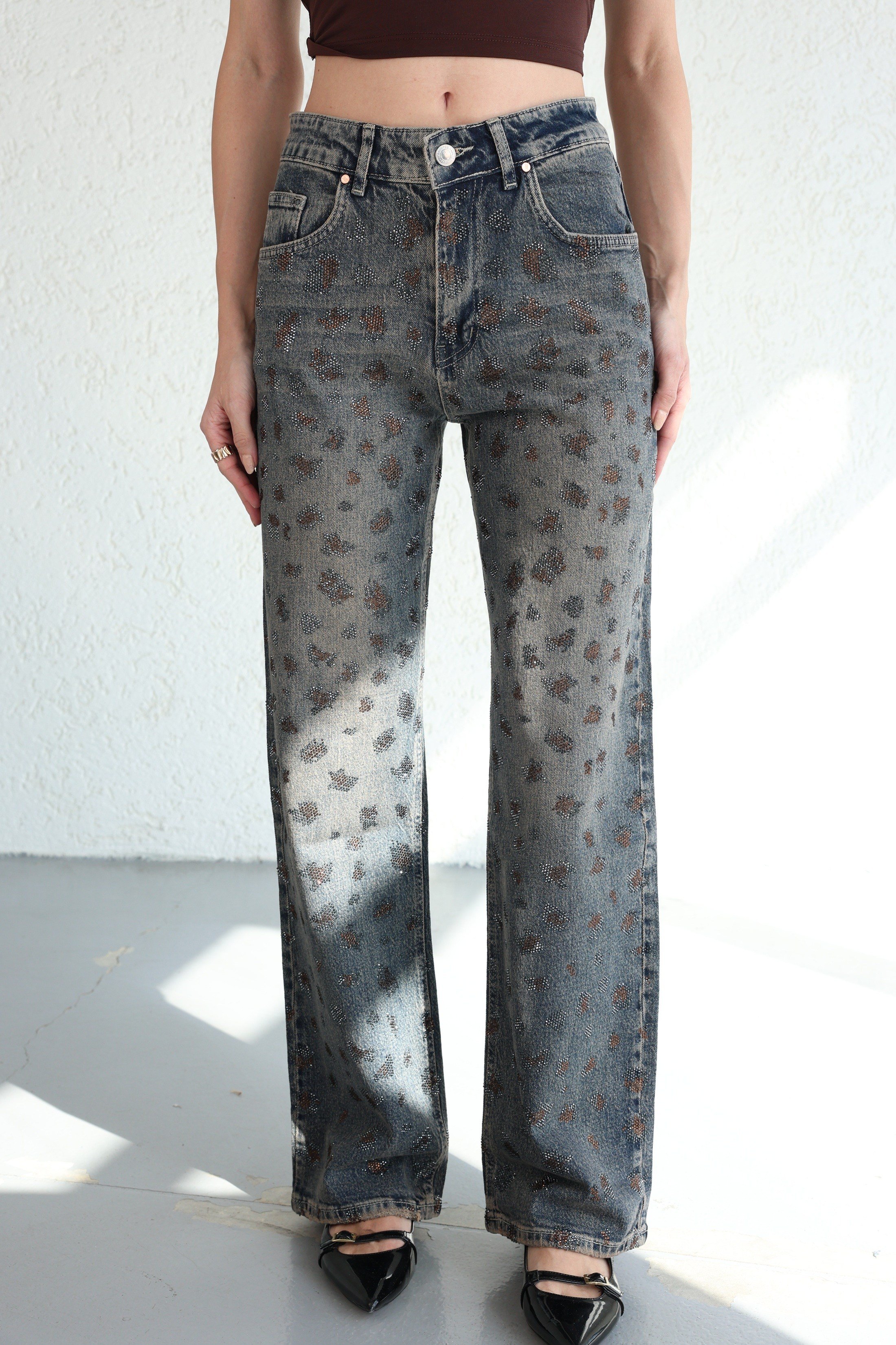 Jean/KotTintli Leopar Taşlı Plazzo Jean