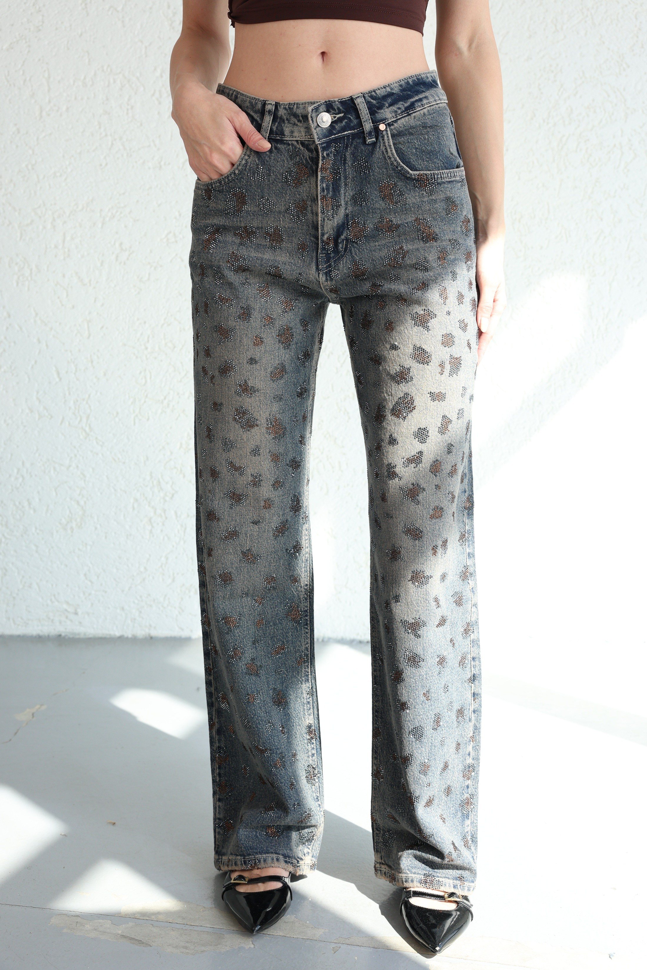 Jean/KotTintli Leopar Taşlı Plazzo Jean