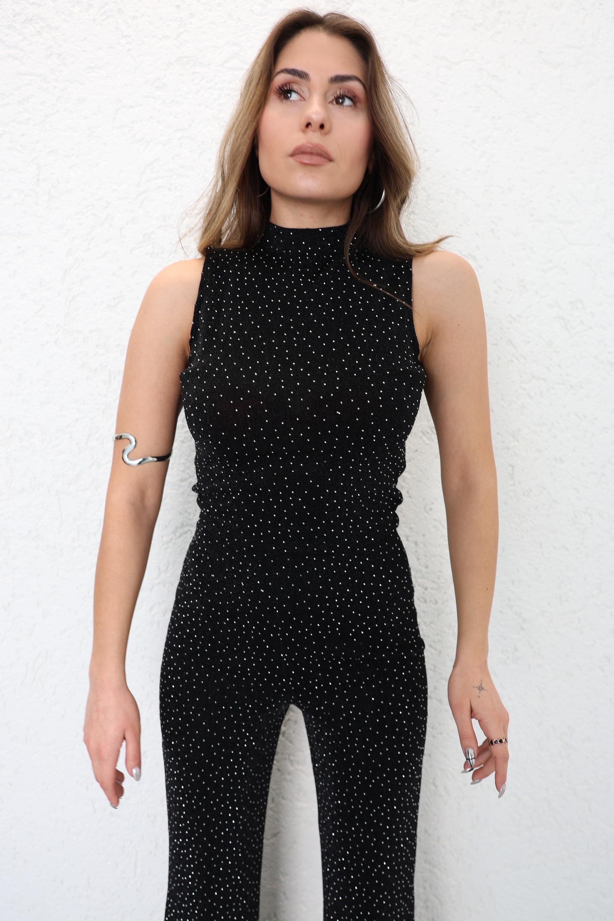 Pantolon TakımTaşlı Halter Yaka Plazzo Pantolon Takım