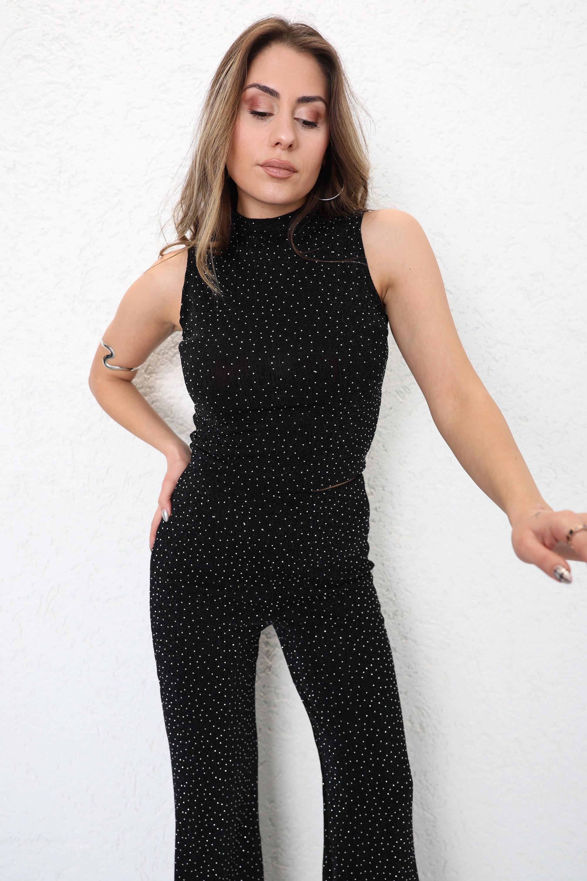 Pantolon TakımTaşlı Halter Yaka Plazzo Pantolon Takım