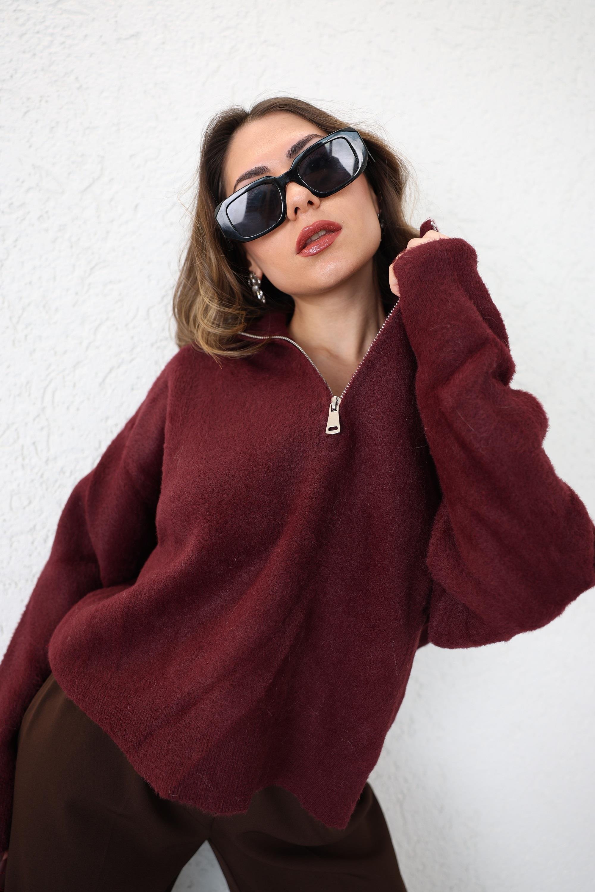 Triko/KazakDik Yaka Fermuarlı Yumoş Kazak