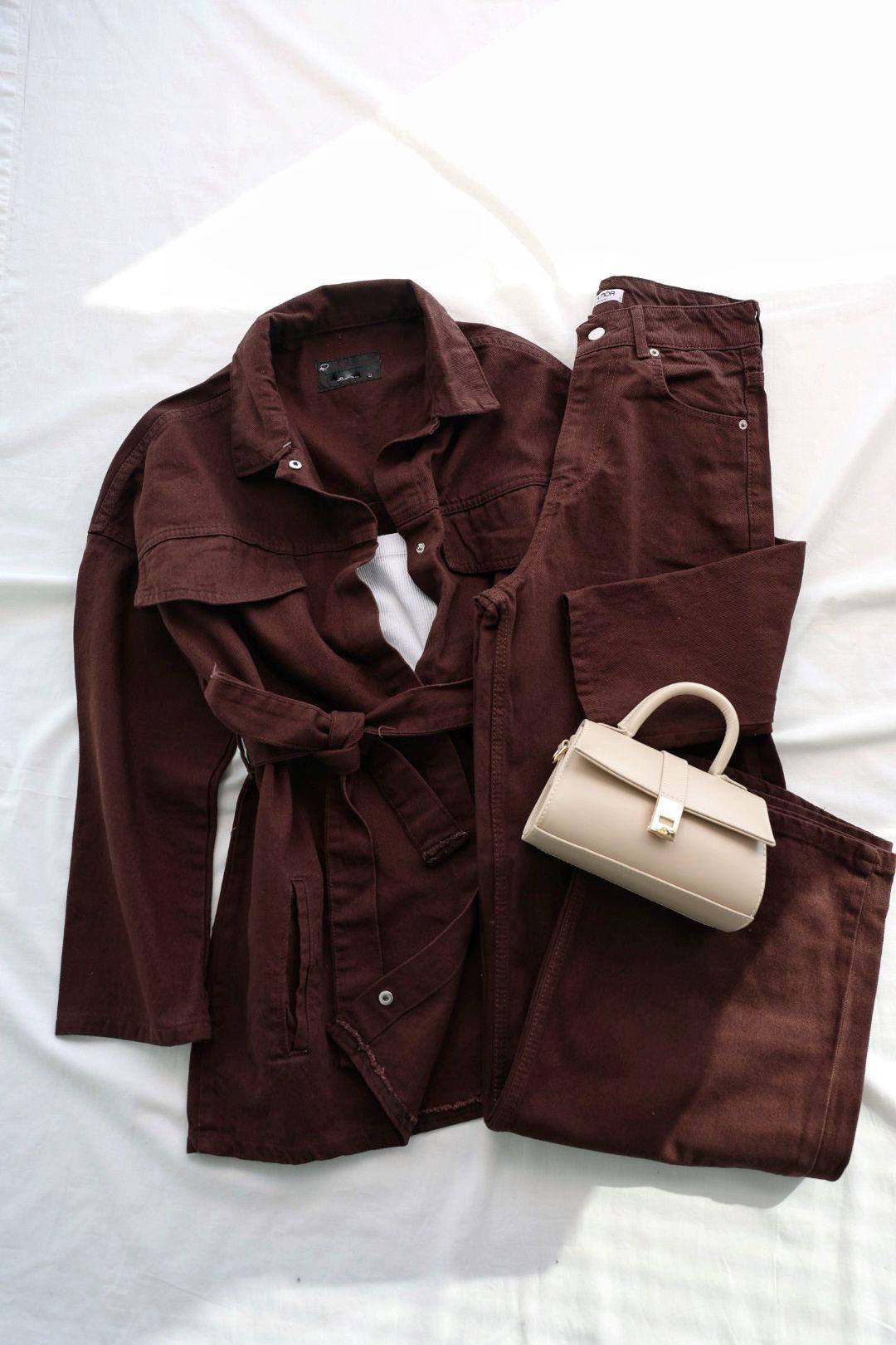 Pantolon TakımKuşaklı Kot Ceket Plazzo Takım