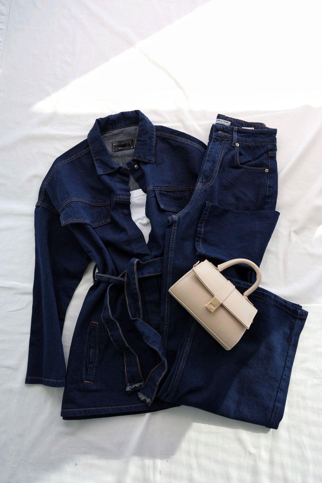 Pantolon TakımKuşaklı Kot Ceket Plazzo Takım