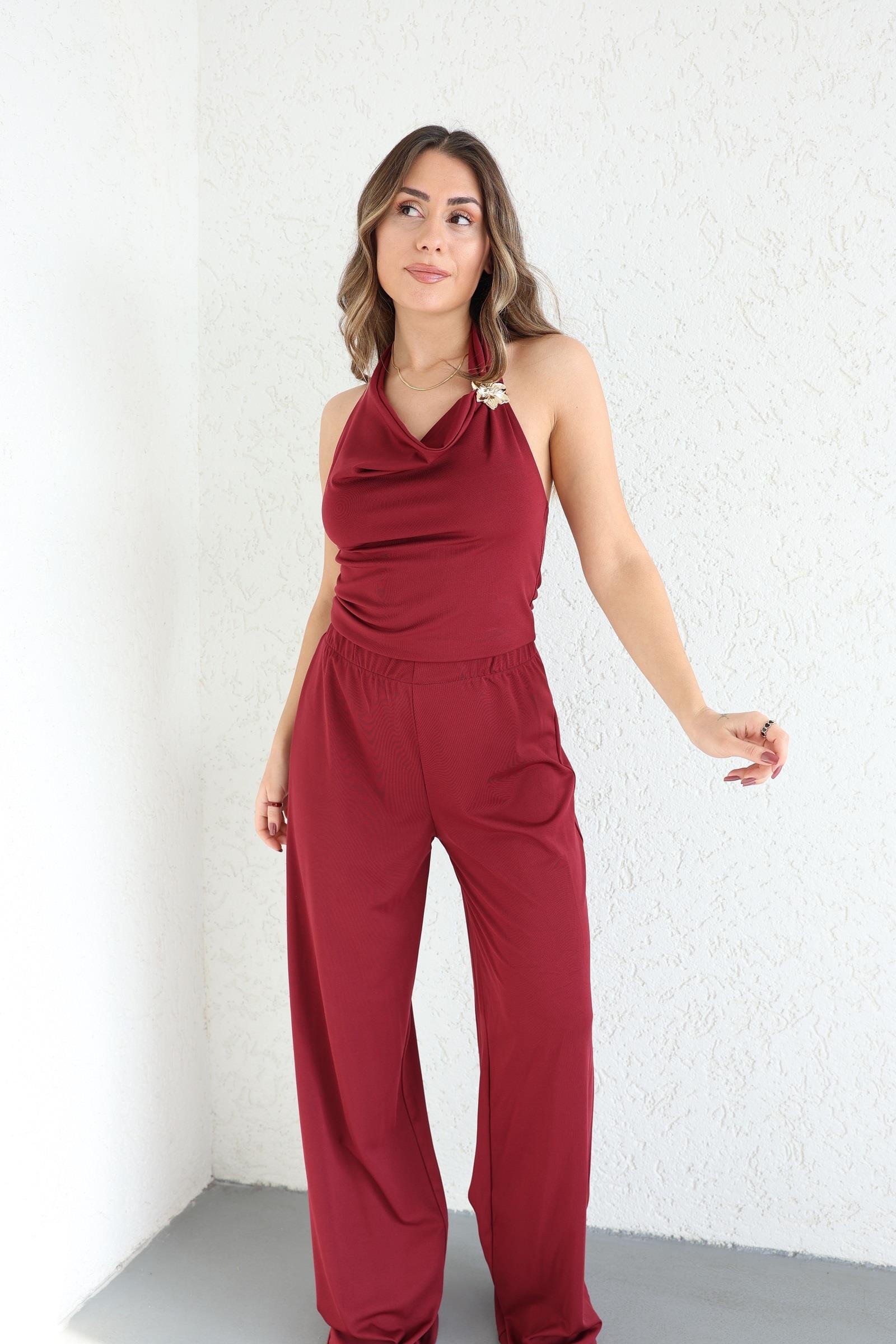 Pantolon TakımAksesuarlı Sırt Açık Crop Plazzo Takım