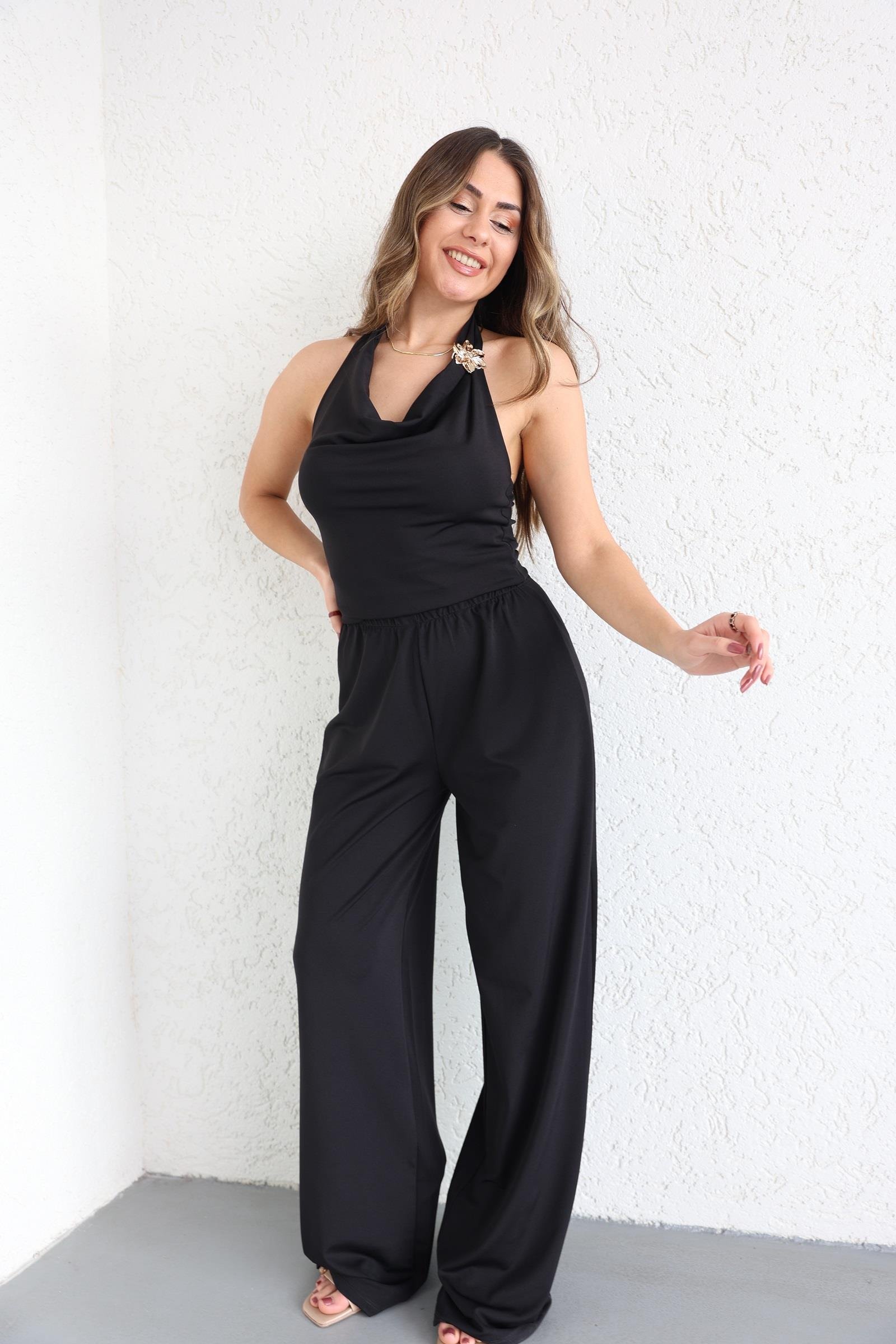 Pantolon TakımAksesuarlı Sırt Açık Crop Plazzo Takım