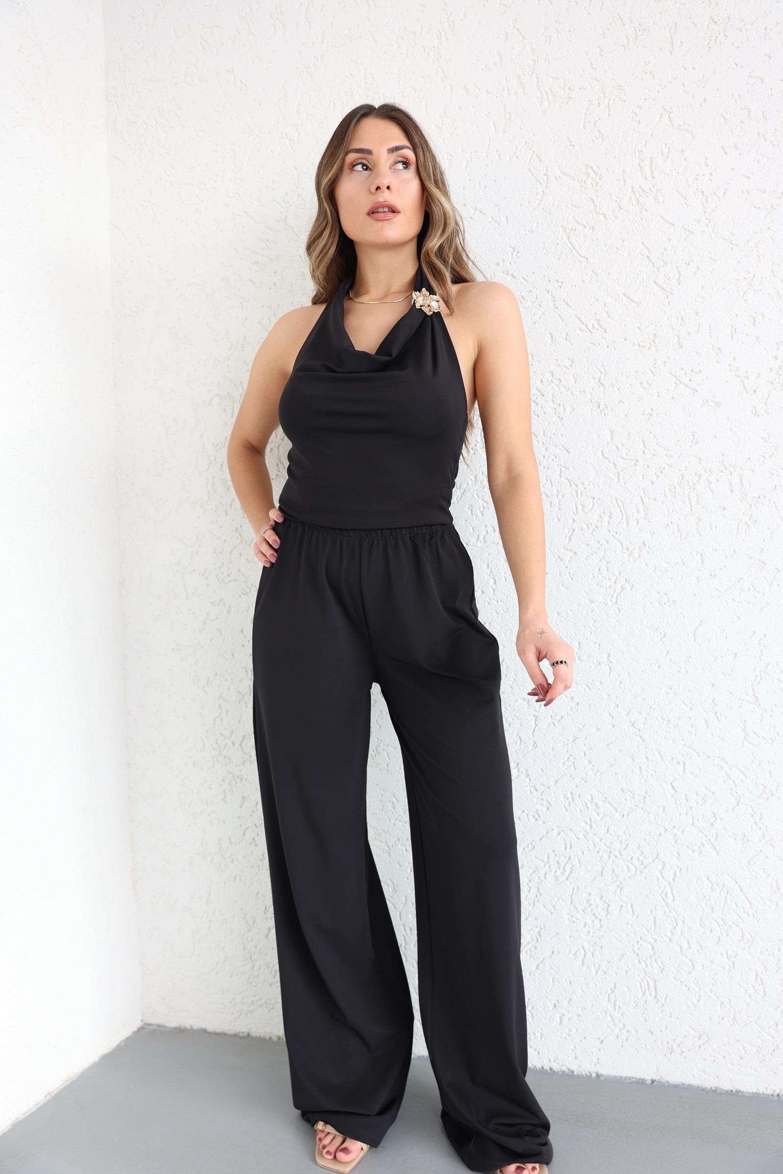 Pantolon TakımAksesuarlı Sırt Açık Crop Plazzo Takım