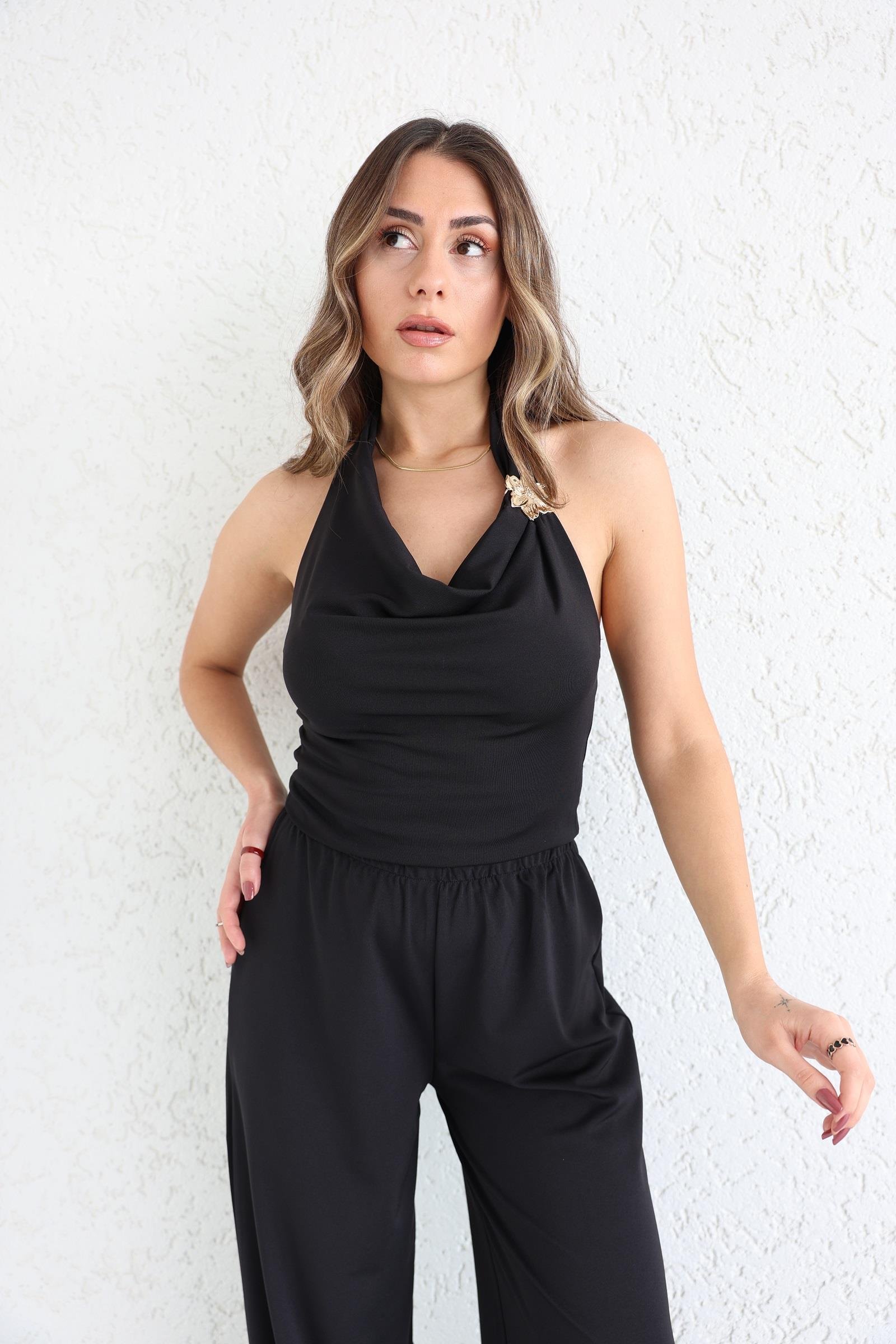 Pantolon TakımAksesuarlı Sırt Açık Crop Plazzo Takım