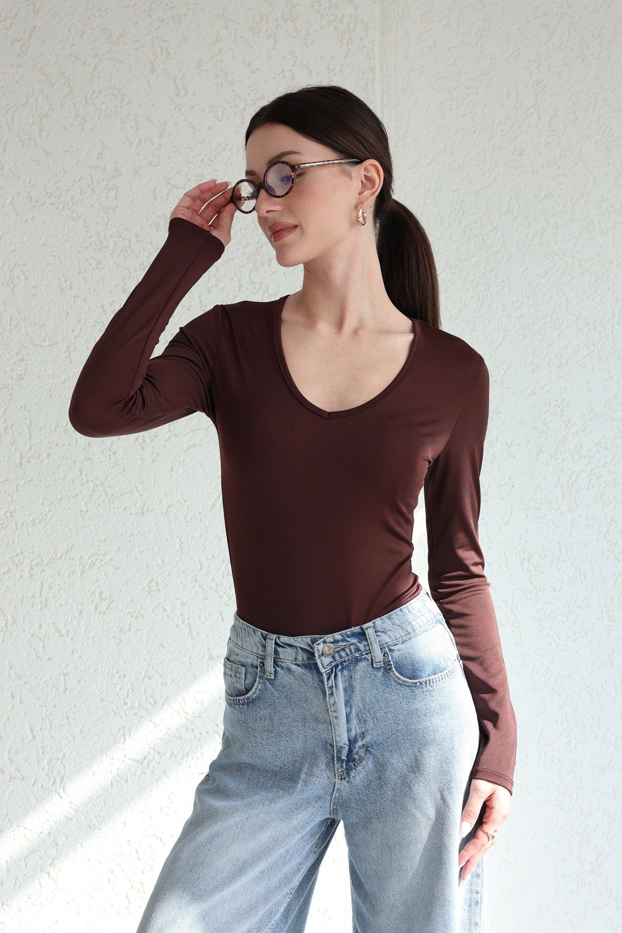 BodysuitV Yaka Uzun Kol Bodysuit