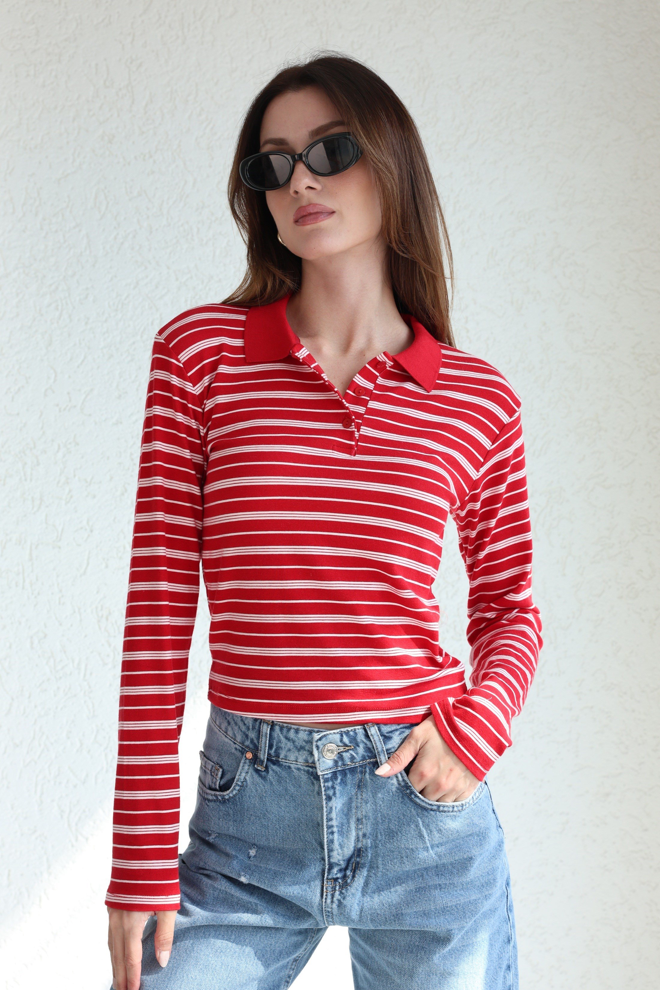 BluzÇizgili  Modal Polo Yaka Bluz