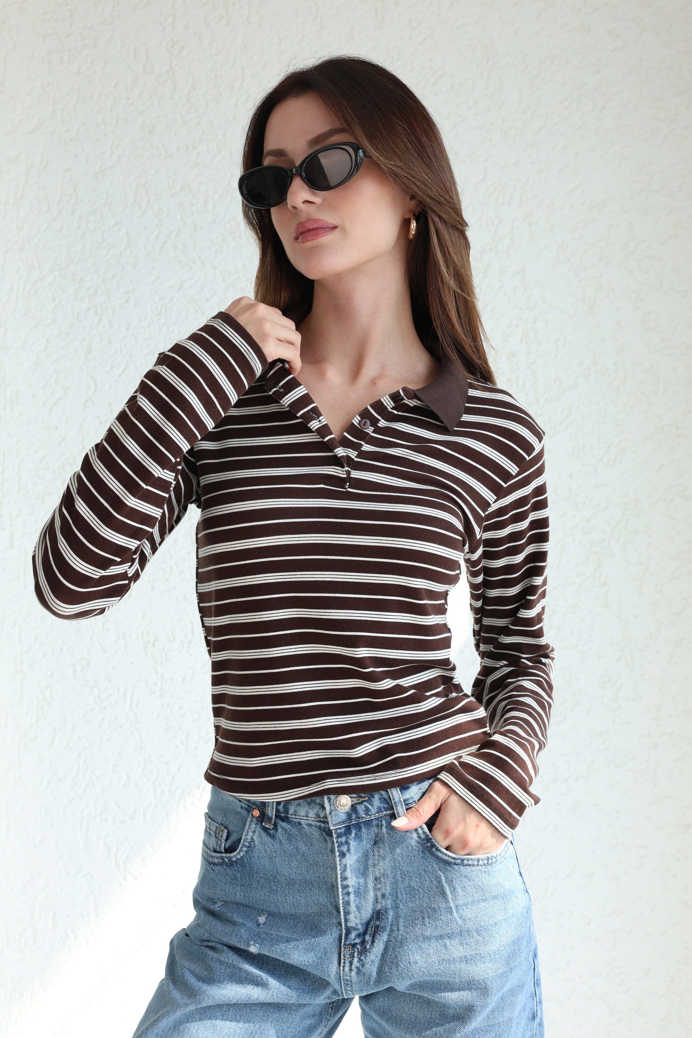 BluzÇizgili  Modal Polo Yaka Bluz