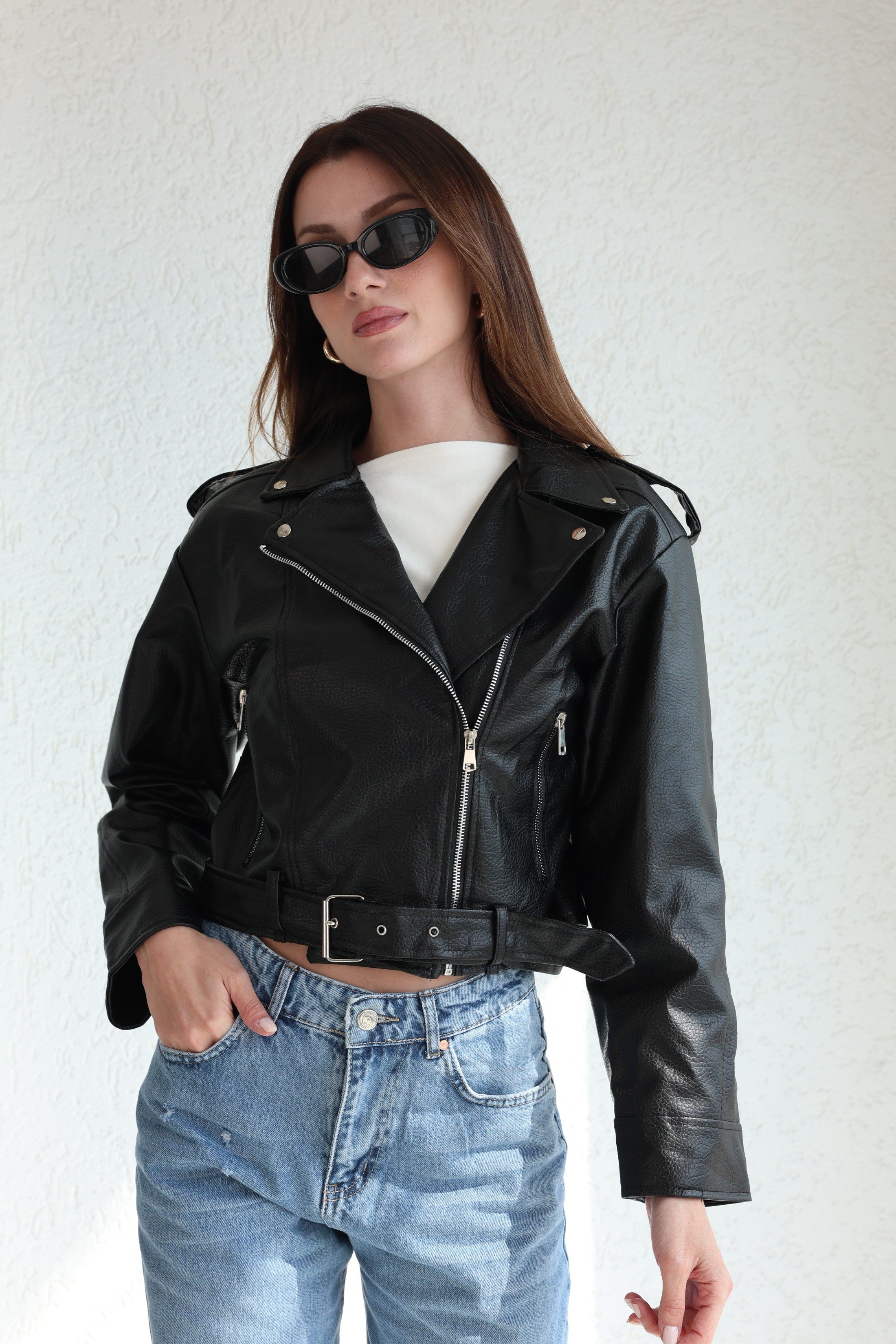 CeketBiker Kemerli Deri Ceket