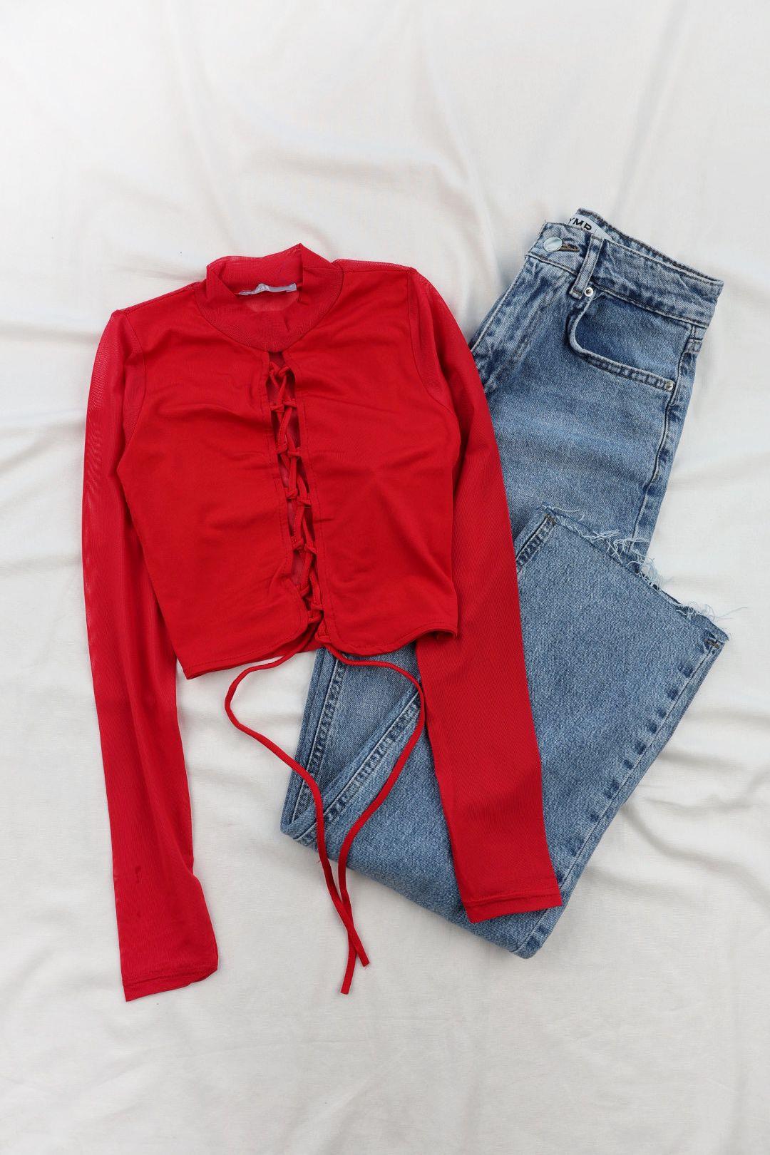 CroptopsÖn Çapraz Kolları Tül Bluz