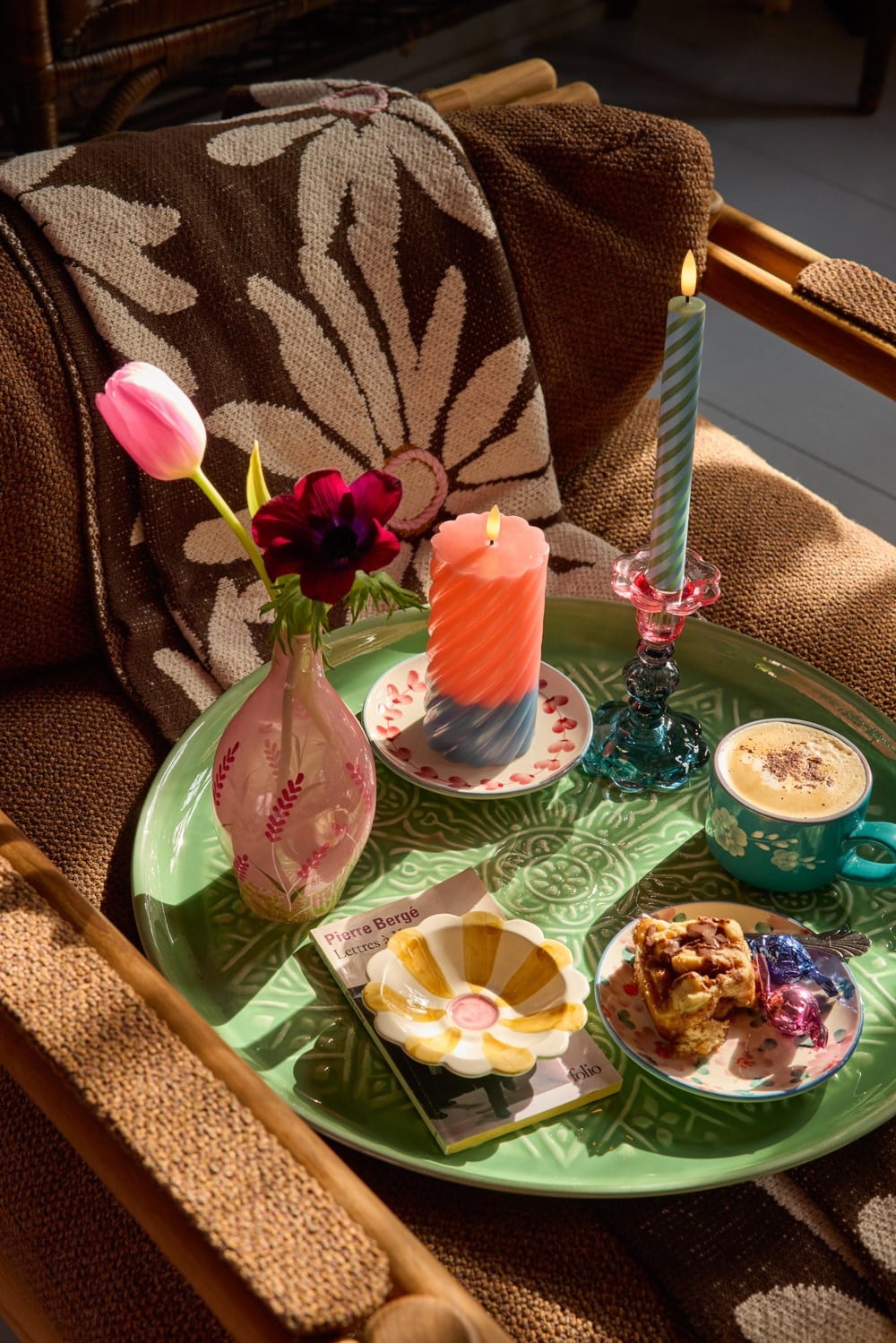 Çizgili Led Mum - Coral ve Yeşil