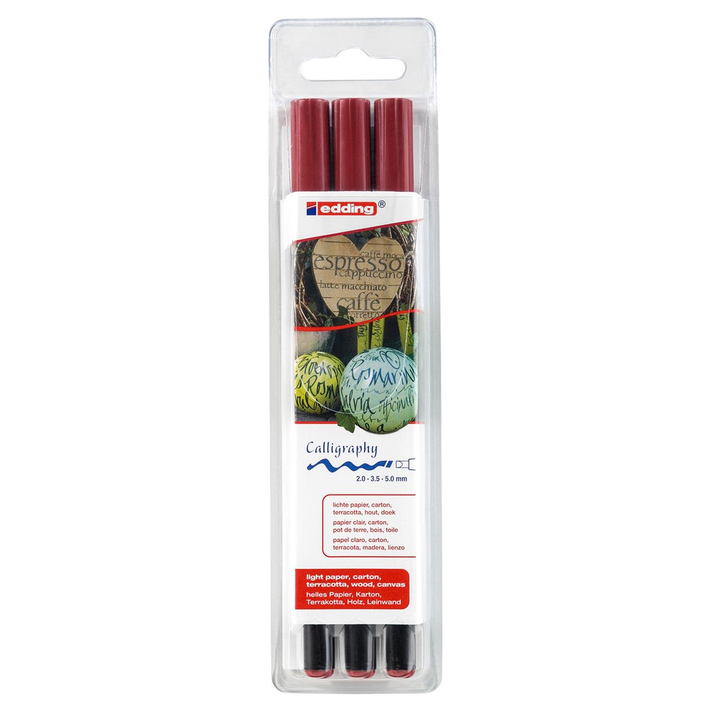 Edding 1255 Kaligrafi Kalemi, Kesik Uç, 3'lü Set,  Bordo, 1x 2.0 (046), 1x 3.5 (046), 1x 5.0 (046)