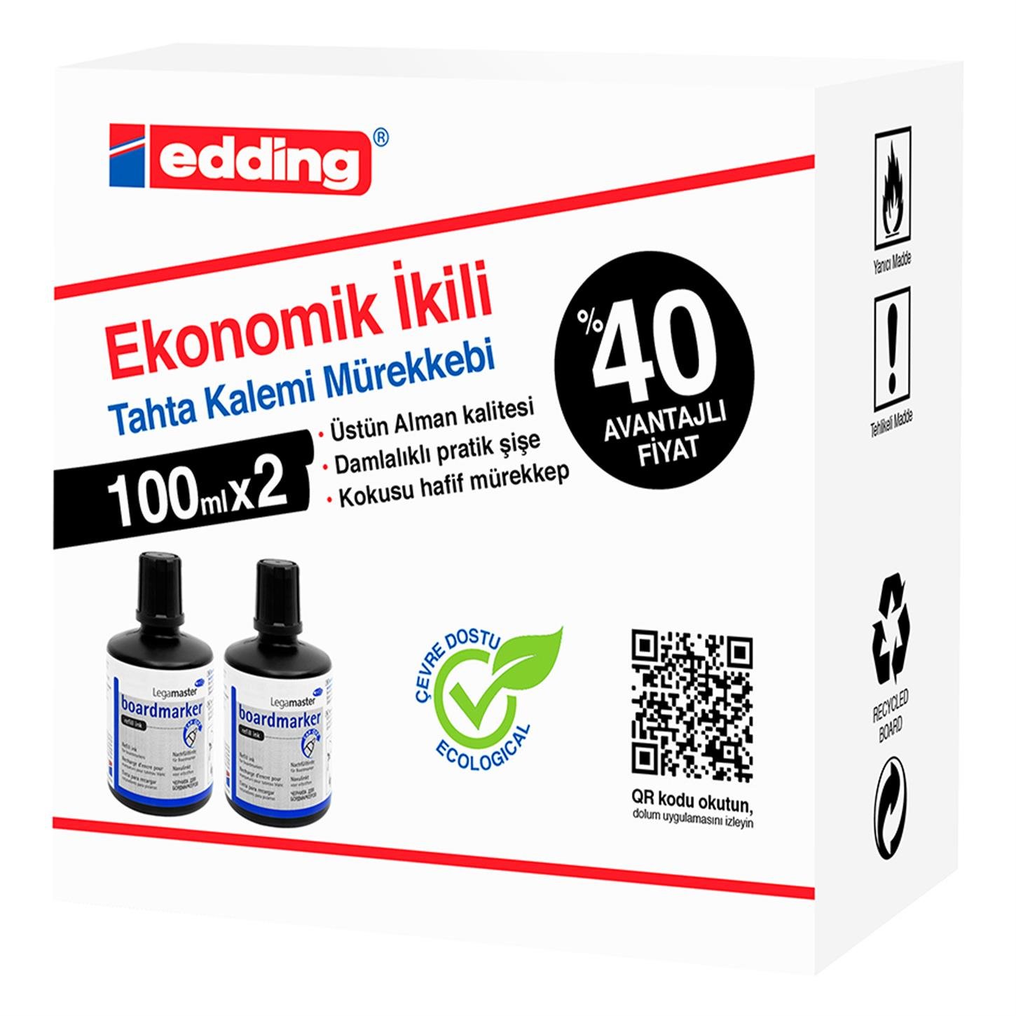 Eddinglegamaster Beyaz Yazı Tahtası Kalemi Yedek  Mürekkebi 100 ml 2li Siyah