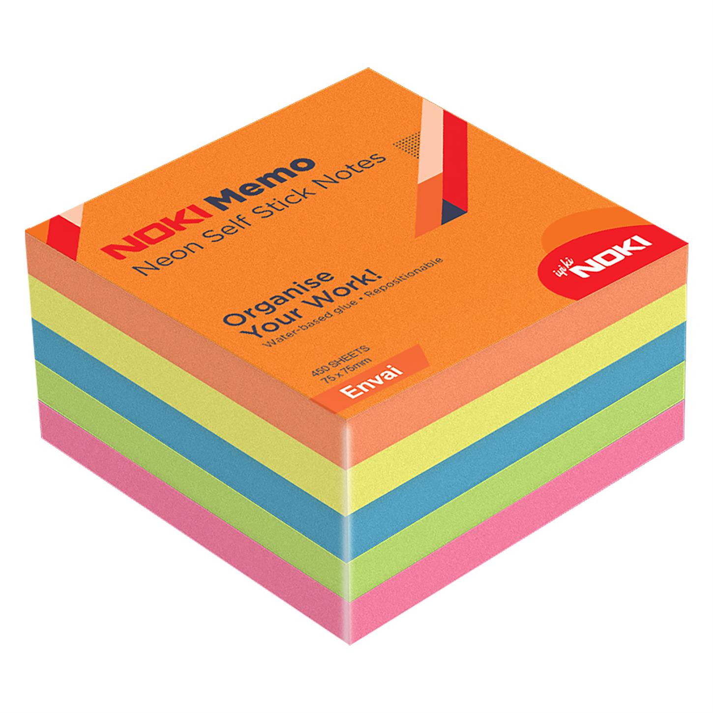 Noki Memo Neon Yapışkanlı Küp Blok, 450 Sayfa,  75x75 mm, Envai