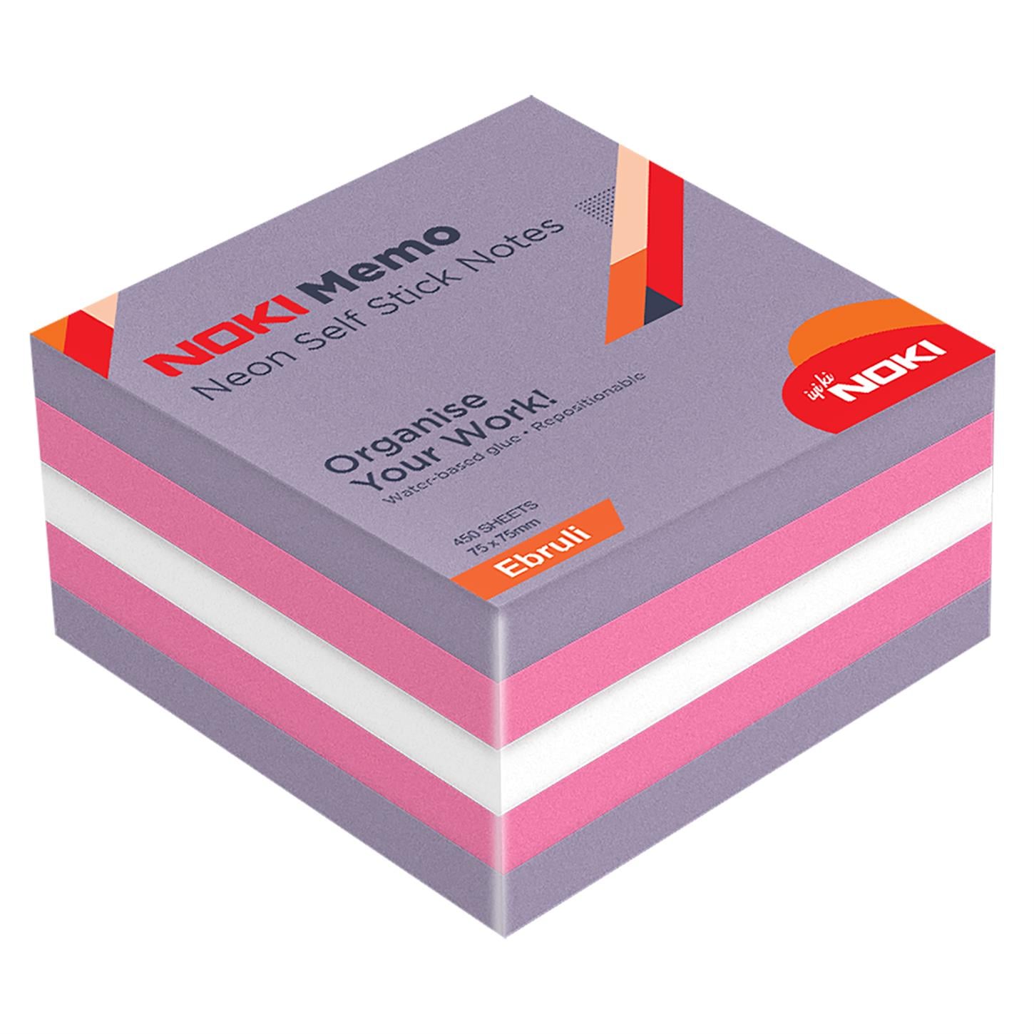 Noki Memo Neon Yapışkanlı Küp Blok, 450 Sayfa,  75x75 mm, Ebruli