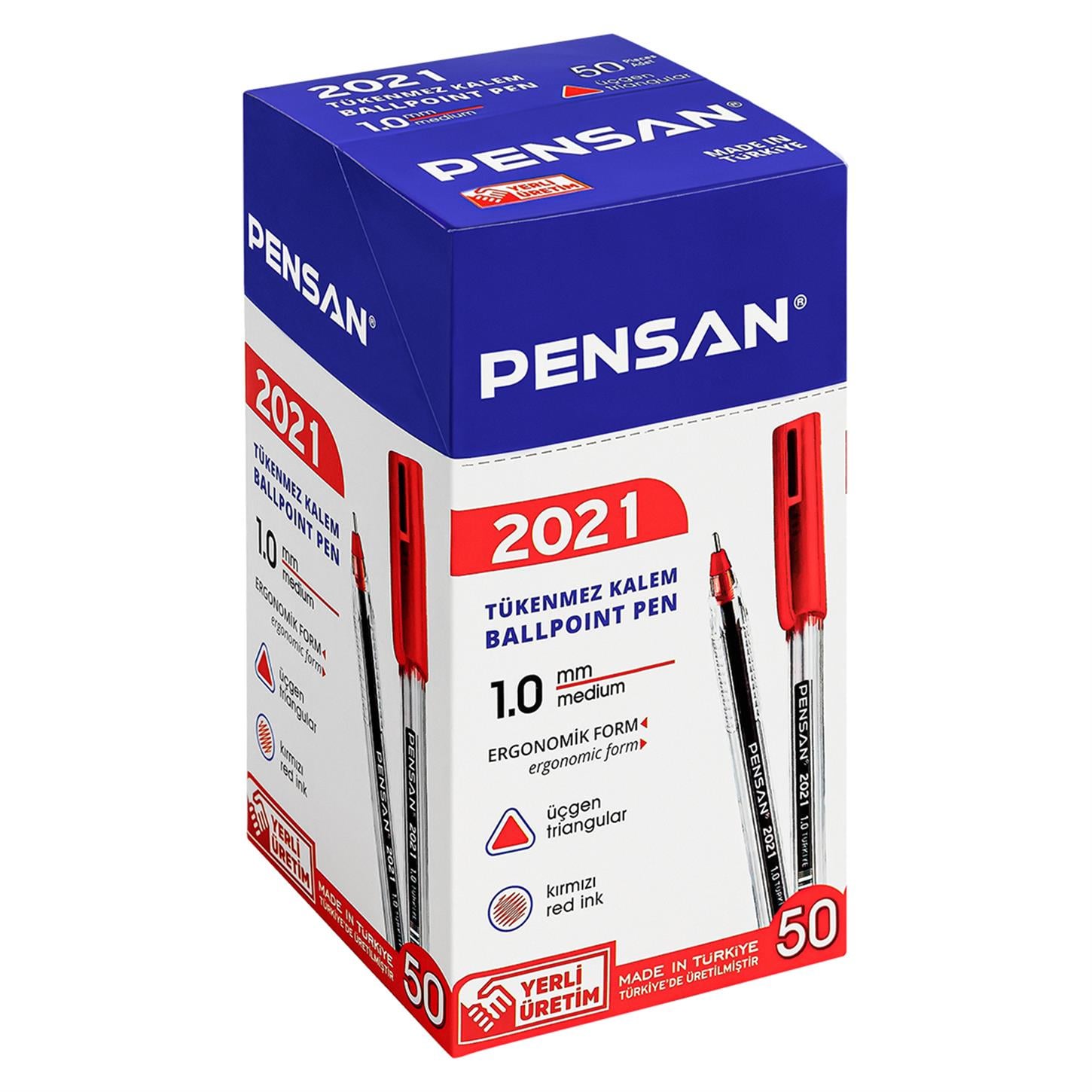Pensan 2021 Şeffaf Üçgen Gövdeli Tükenmez Kalem  Kırmızı