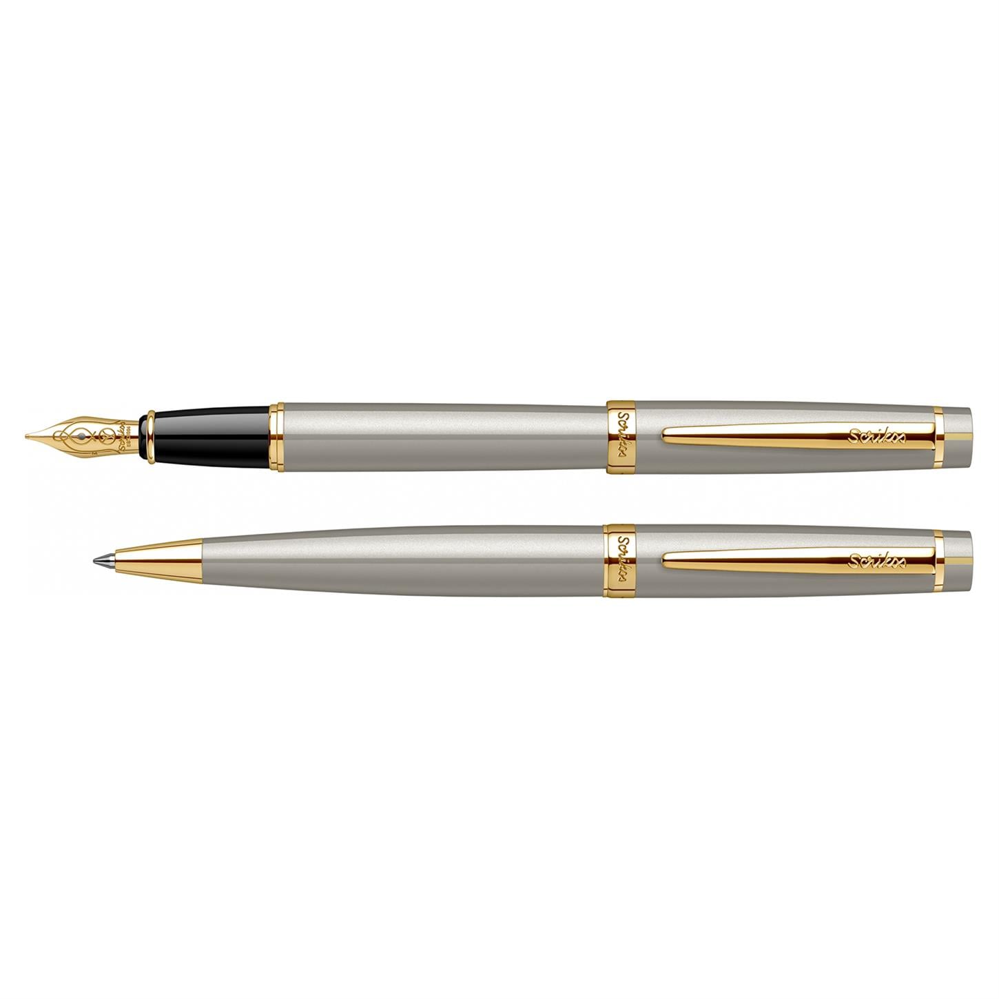 Scrikss Elegance Honour 38 2li Set Dolma Kalem- Tükenmez Kalem Saten Gövde Altın Kaplama Klips
