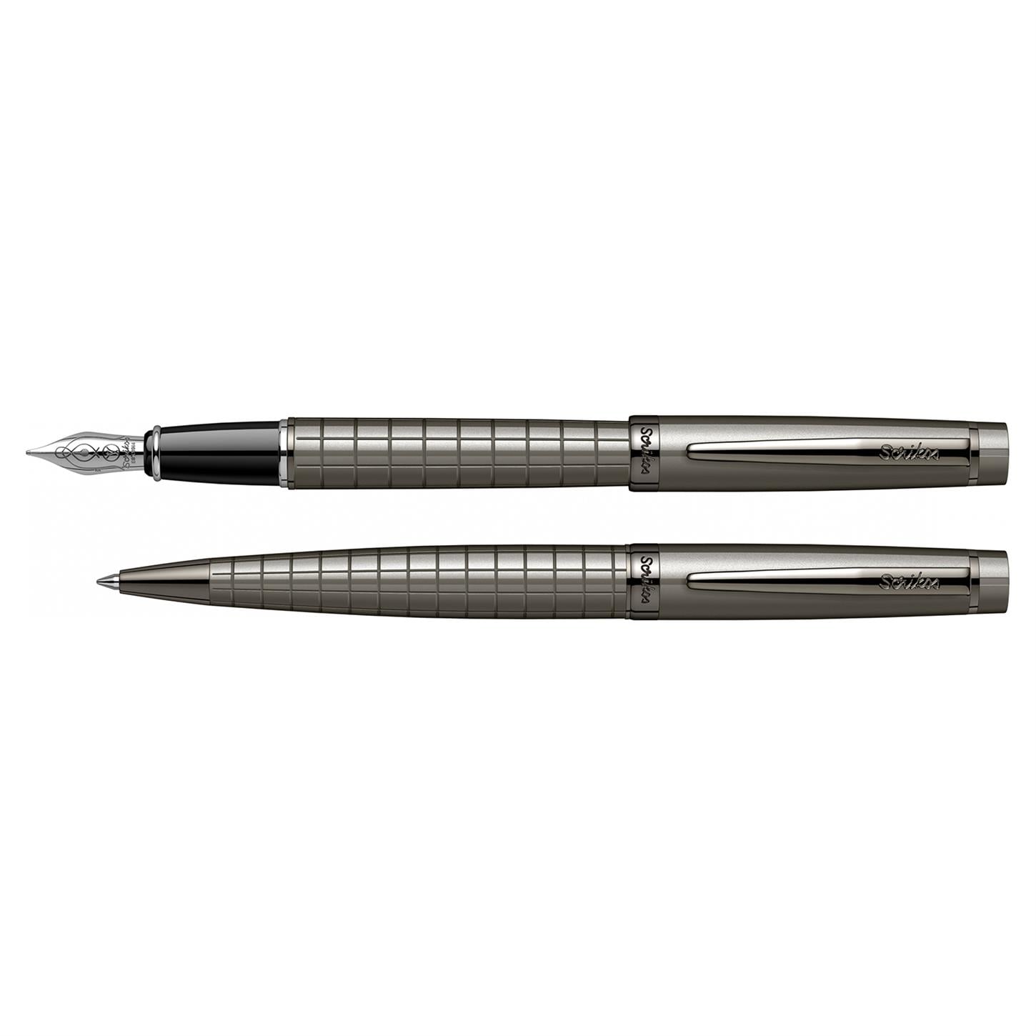 Scrikss Elegance Honour 38 2li Set Dolma Kalem- Tükenmez Kalem Karbon Gri Kare Desenli Gövde Titanyum Kaplama Klips