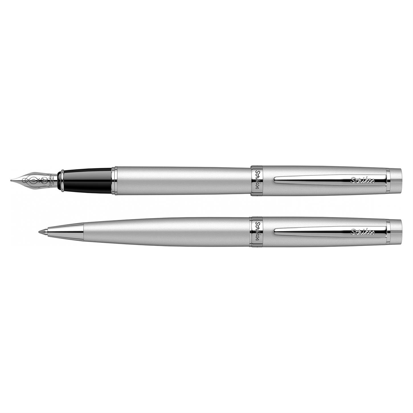 Scrikss Elegance Honour 38 2li Set Dolma Kalem- Tükenmez Kalem Mat Krom Kaplama Gövde Krom Kaplama