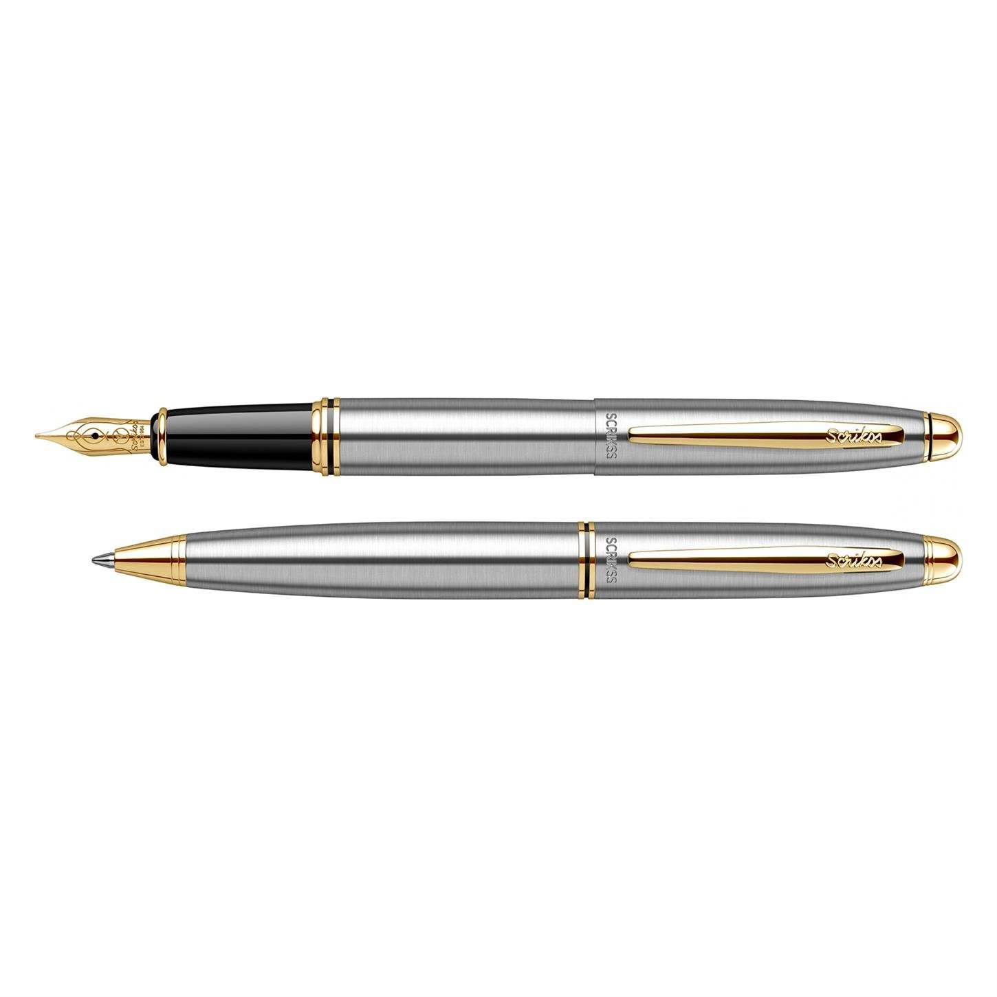 Scrikss Elegance Knight 88 2li Set Dolma Kalem- Tükenmez Kalem Paslanmaz Çelik Gövde Altın Kaplama