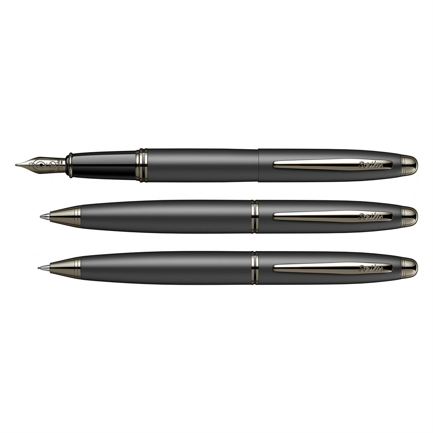 Scrikss Elegance Knight 88 3lü Set Dolma Kalem- Tükenmez Kalem-Versatil (Uçlu) Kalem Mat Siyah Göv