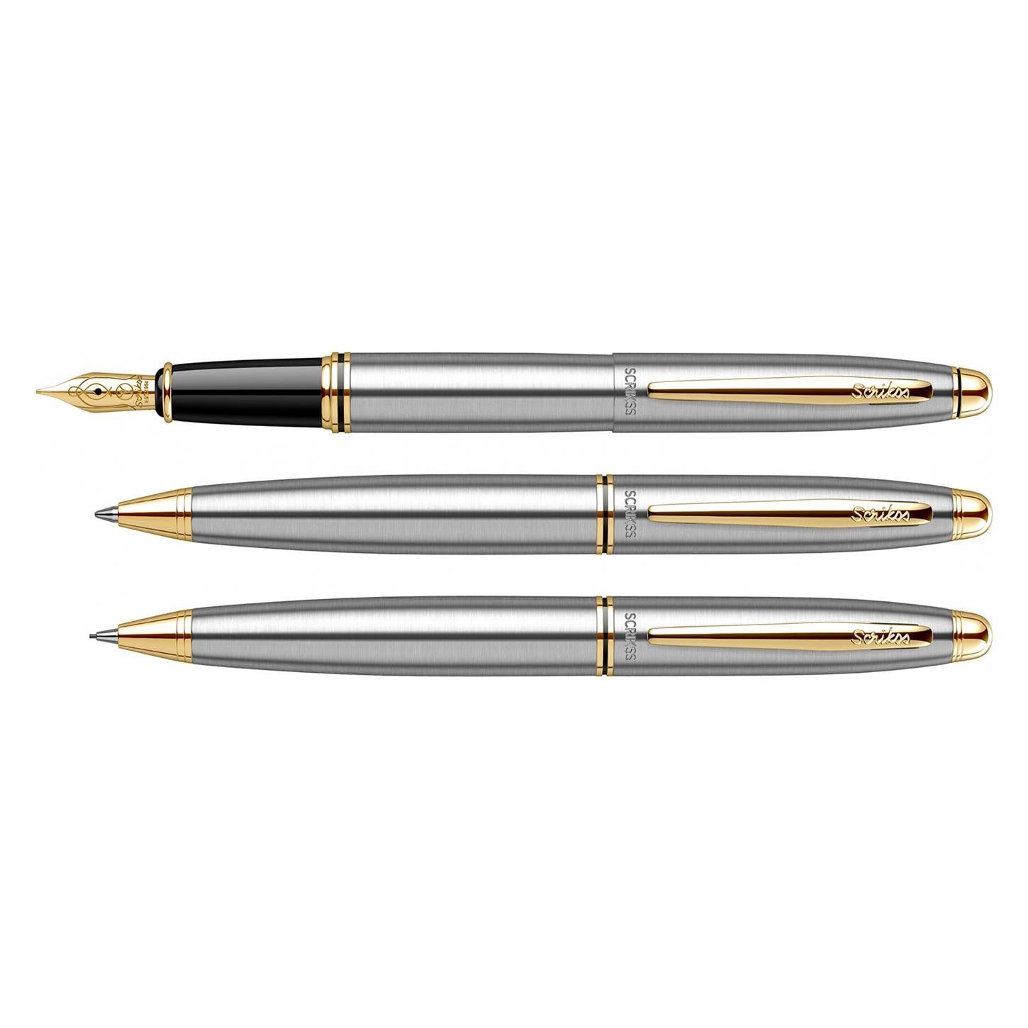 Scrikss Elegance Knight 88 3lü Set Dolma Kalem- Tükenmez Kalem-Versatil (Uçlu) Kalem Paslanmaz Çelik Gövde Altın Kaplama Klips