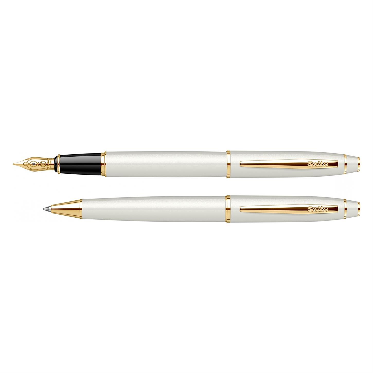 Scrikss Elegance Noble 35 2li Set Dolma Kalem- Tükenmez Kalem İnci Beyazı Gövde Altın Kaplama Kli
