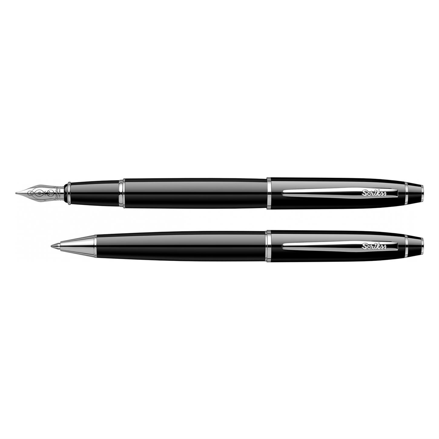 Scrikss Elegance Noble 35 2li Set Dolma Kalem- Tükenmez Kalem Lake Gövde Krom Kaplama Klips Siyah