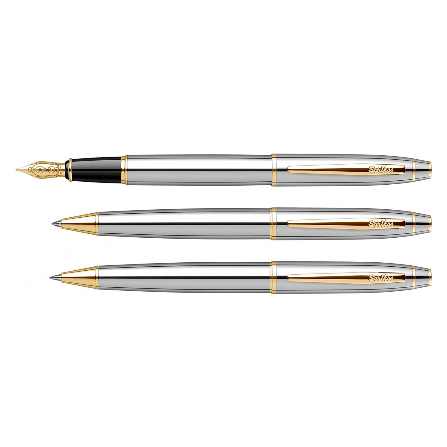 Scrikss Elegance Noble 35 3lü Set Dolma Kalem- Tükenmez Kalem-Versatil (Uçlu) Kalem Parlak Krom G