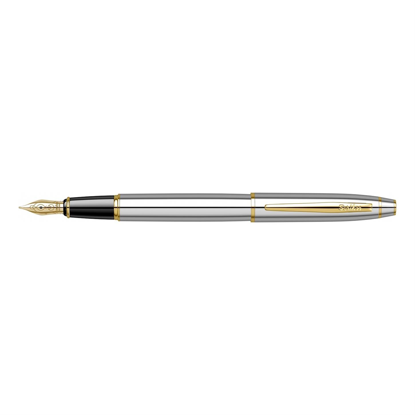 Scrikss Elegance Noble 35 Dolma Kalem Parlak Krom  Gövde Altın Kaplama Klips Altın Kaplama Çelik Uç