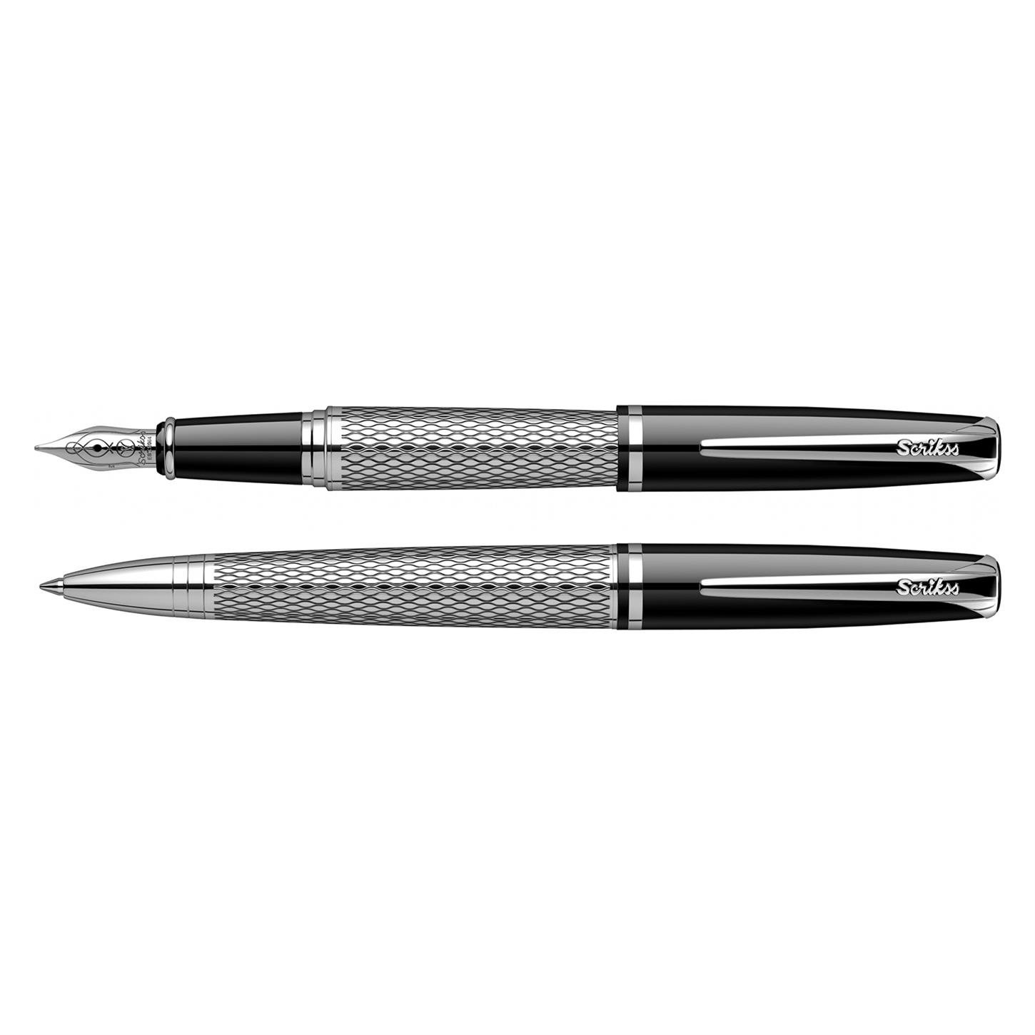 Scrikss Elegance Pera 477 2li Set Dolma Kalem- Tükenmez Kalem Krom Gövde Krom Kaplama Klips Balık Sırtı Desenli