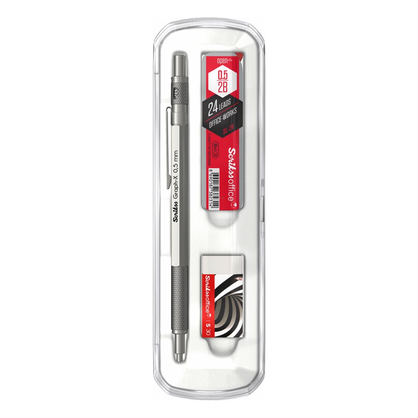 Scrikss Graph-x Versatil (Uçlu) Kalem Nikel  Kaplama Metal Gövde Metal Klips Kristal Kutu 0.5 mm Uç 3lü Set Kurşun Gri