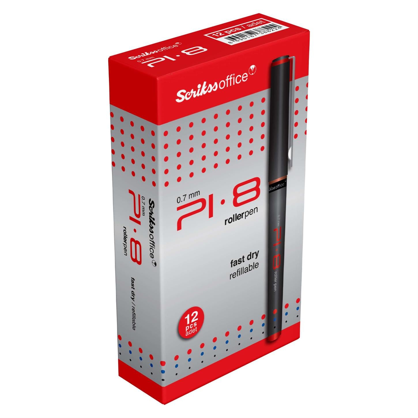 Scrikss PI-8 Roller Kalem Plastik Gövde Krom  Kaplama Paslanmaz Çelik Klips Değiştirilebilir Roller Refil 0.7 mm Uç 12li Kutu Kırmızı