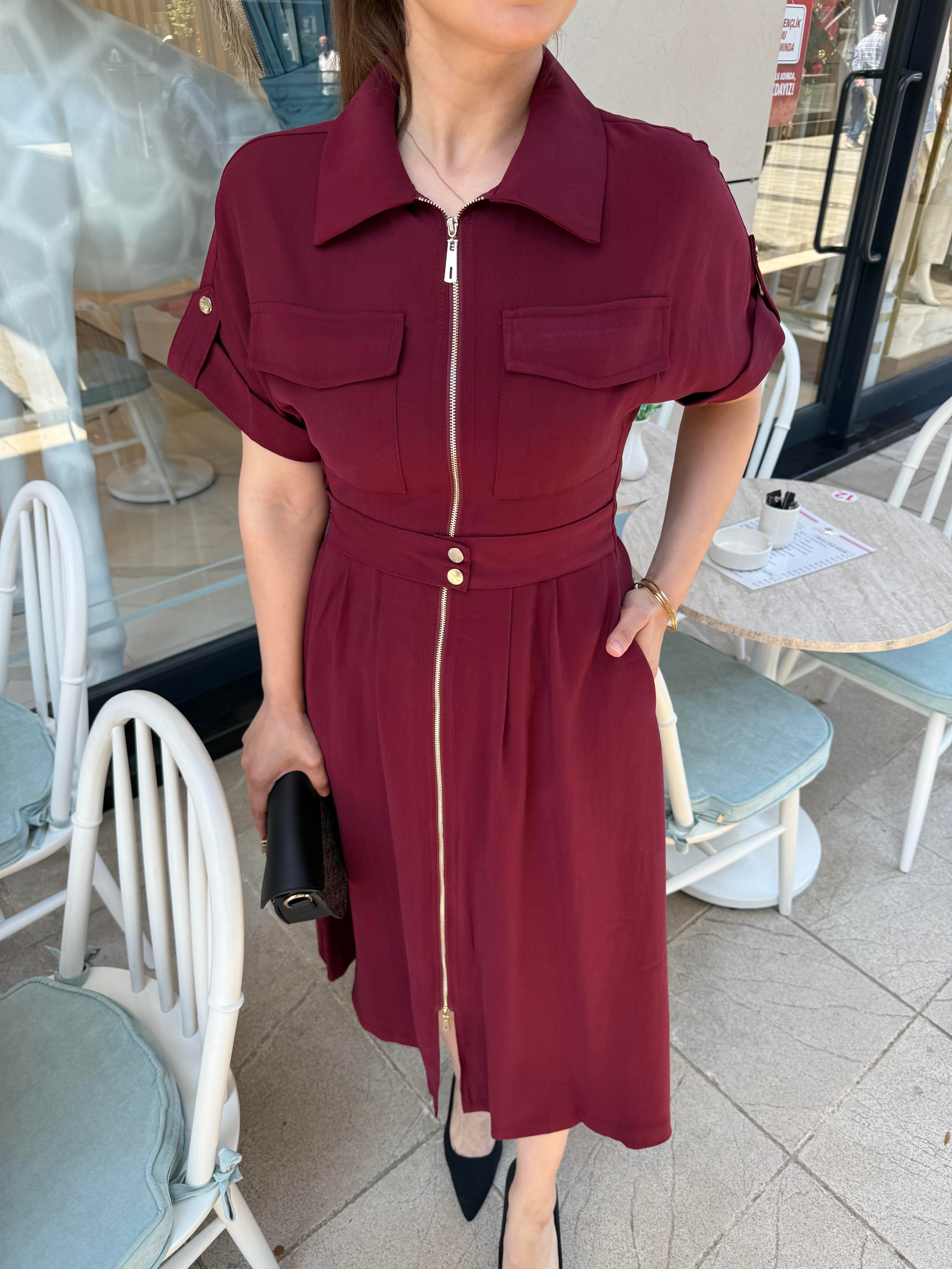 FERMUARLI TENCEL MİDİ ELBİSE