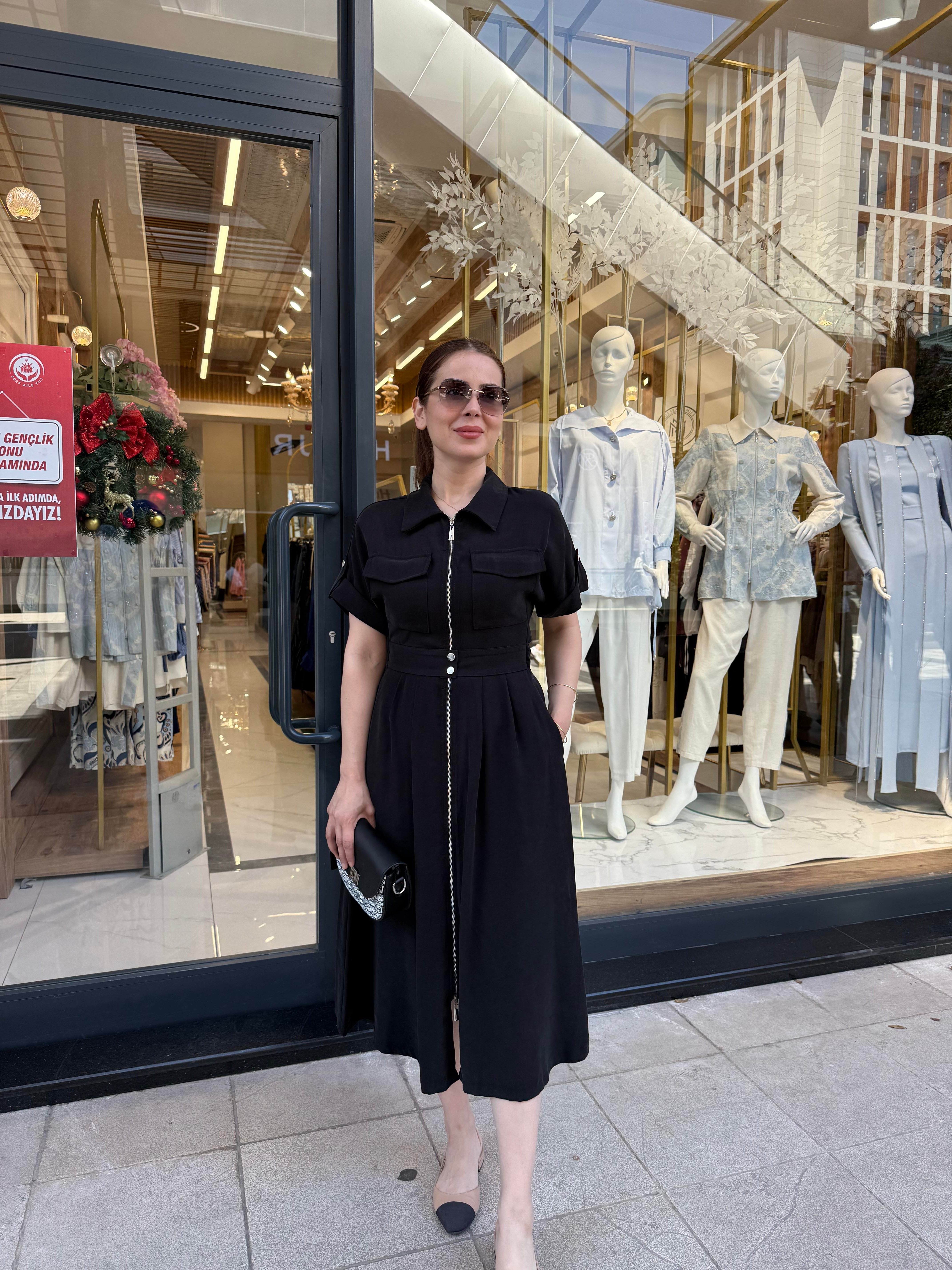 FERMUARLI TENCEL MİDİ ELBİSE