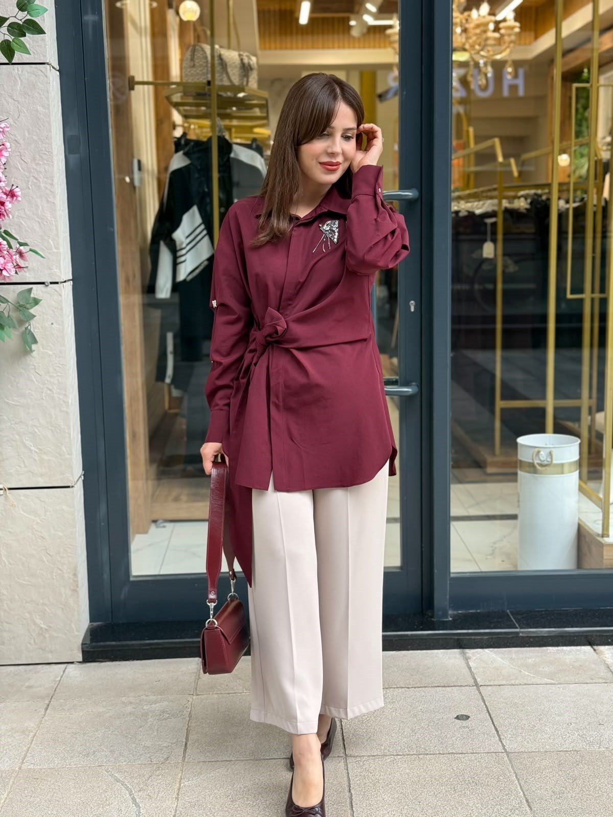 MY312- BORDO KELEBEK DETAYLI GÖMLEK