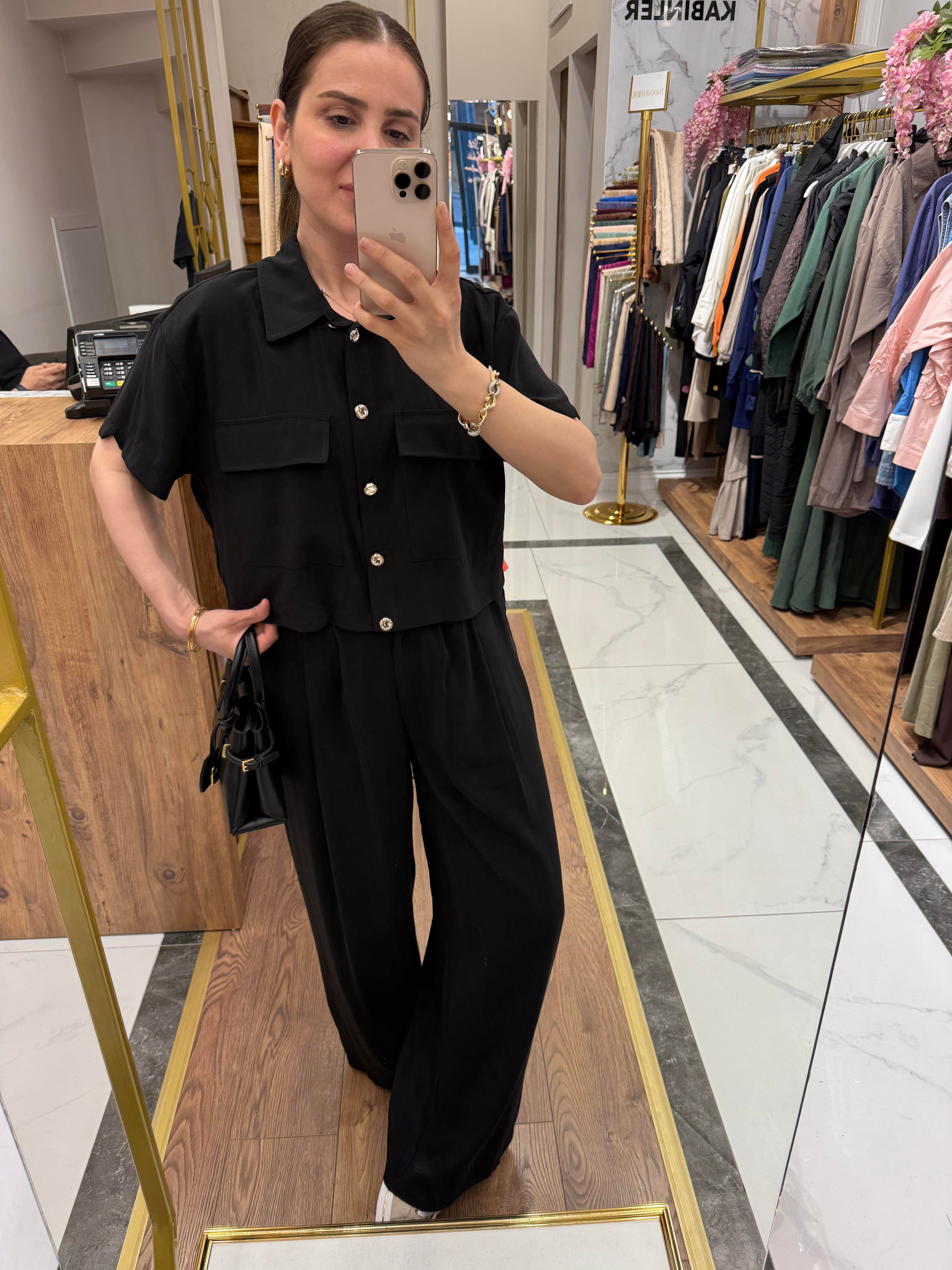 TENCEL CROP GÖMLEKLİ TAKIM SİYAH