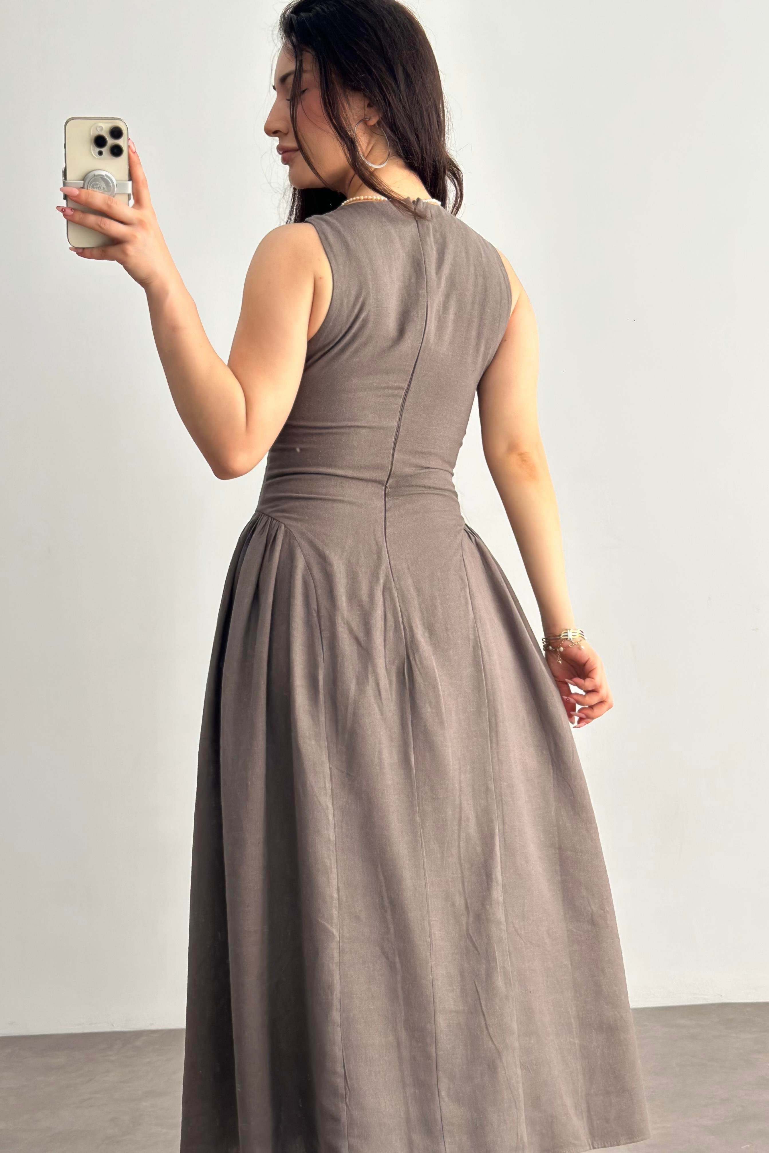Damla Dekolteli Premium Keten  Midi Elbise Kahve