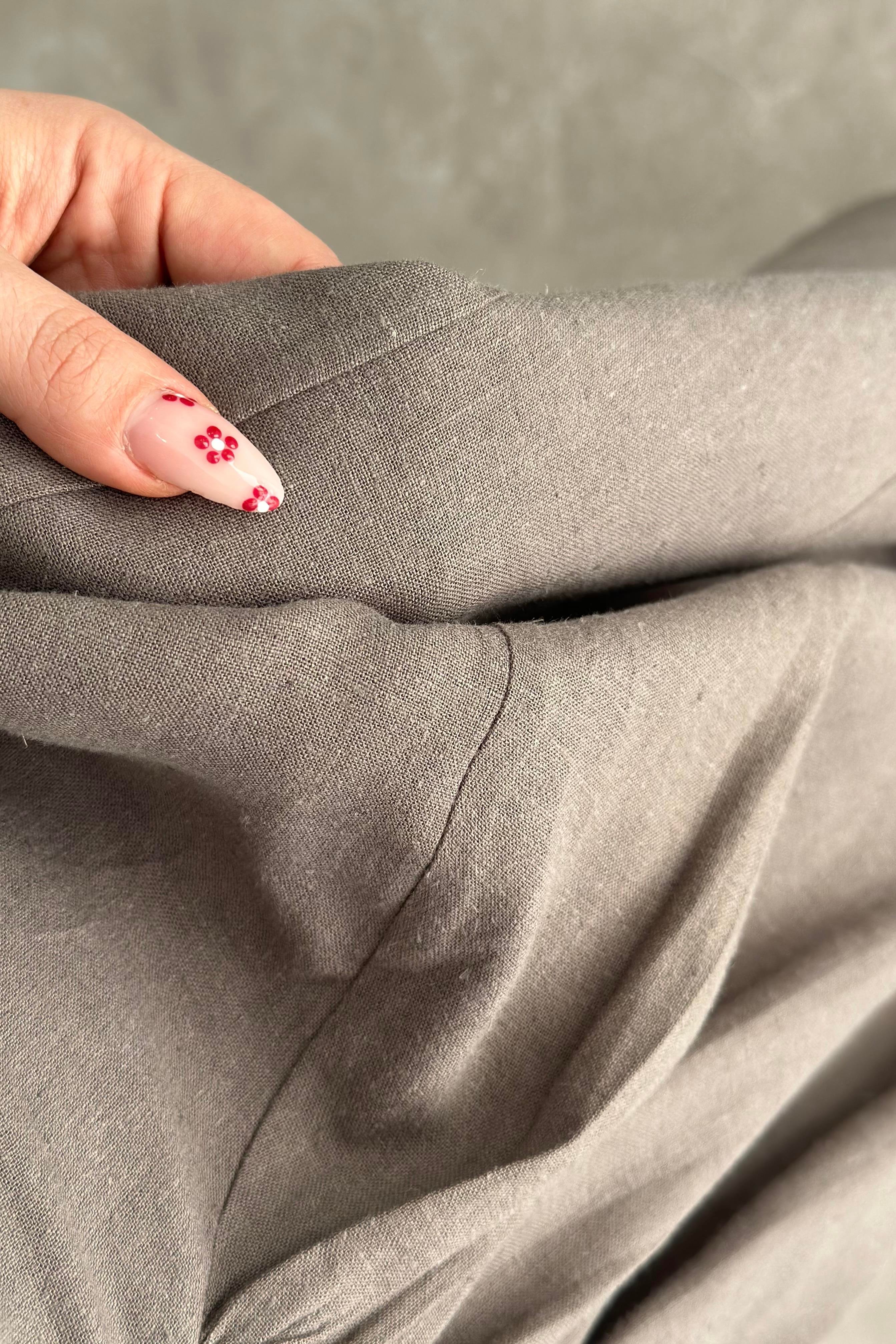 Damla Dekolteli Premium Keten  Midi Elbise Kahve