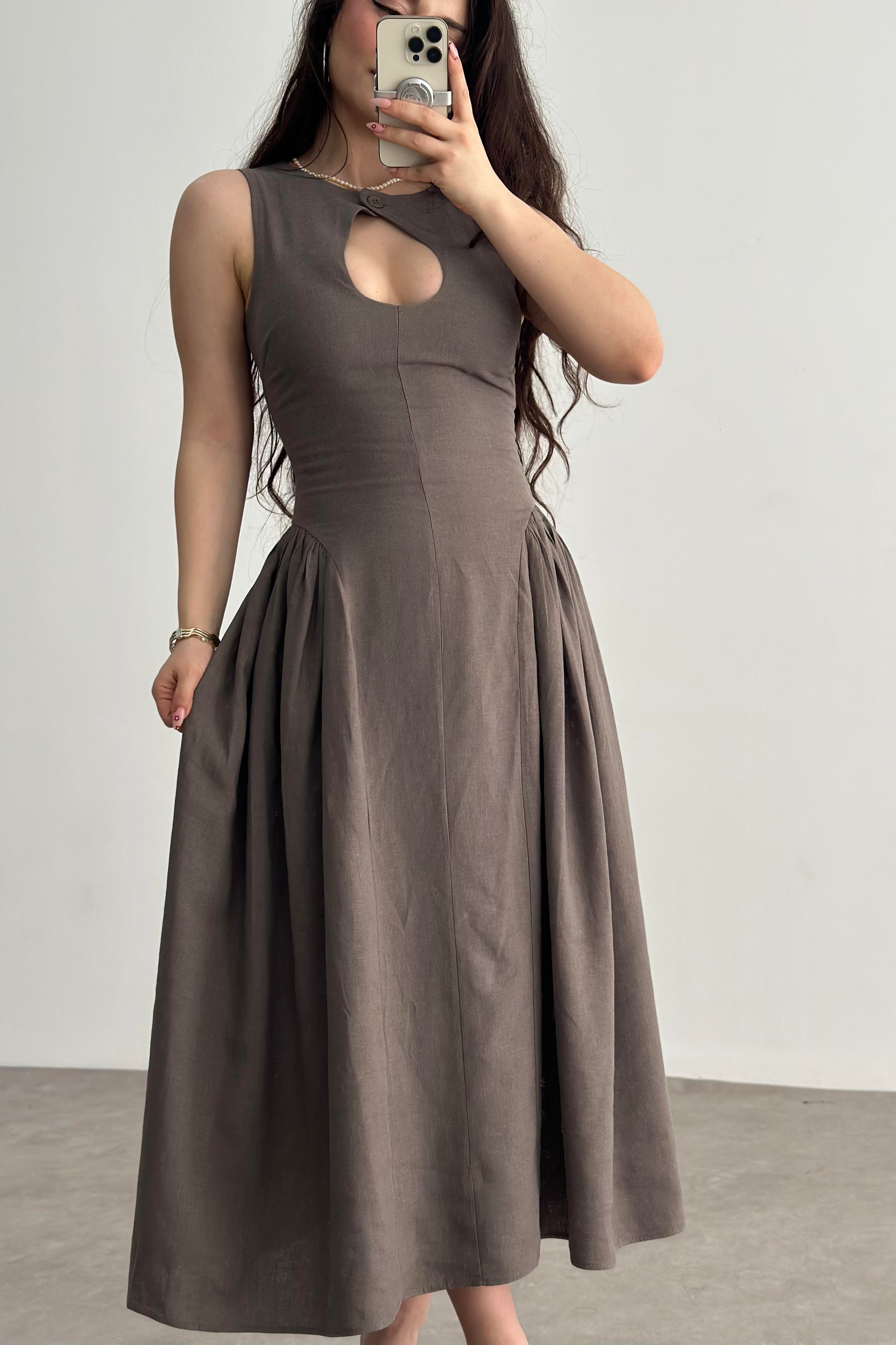Damla Dekolteli Premium Keten  Midi Elbise Kahve