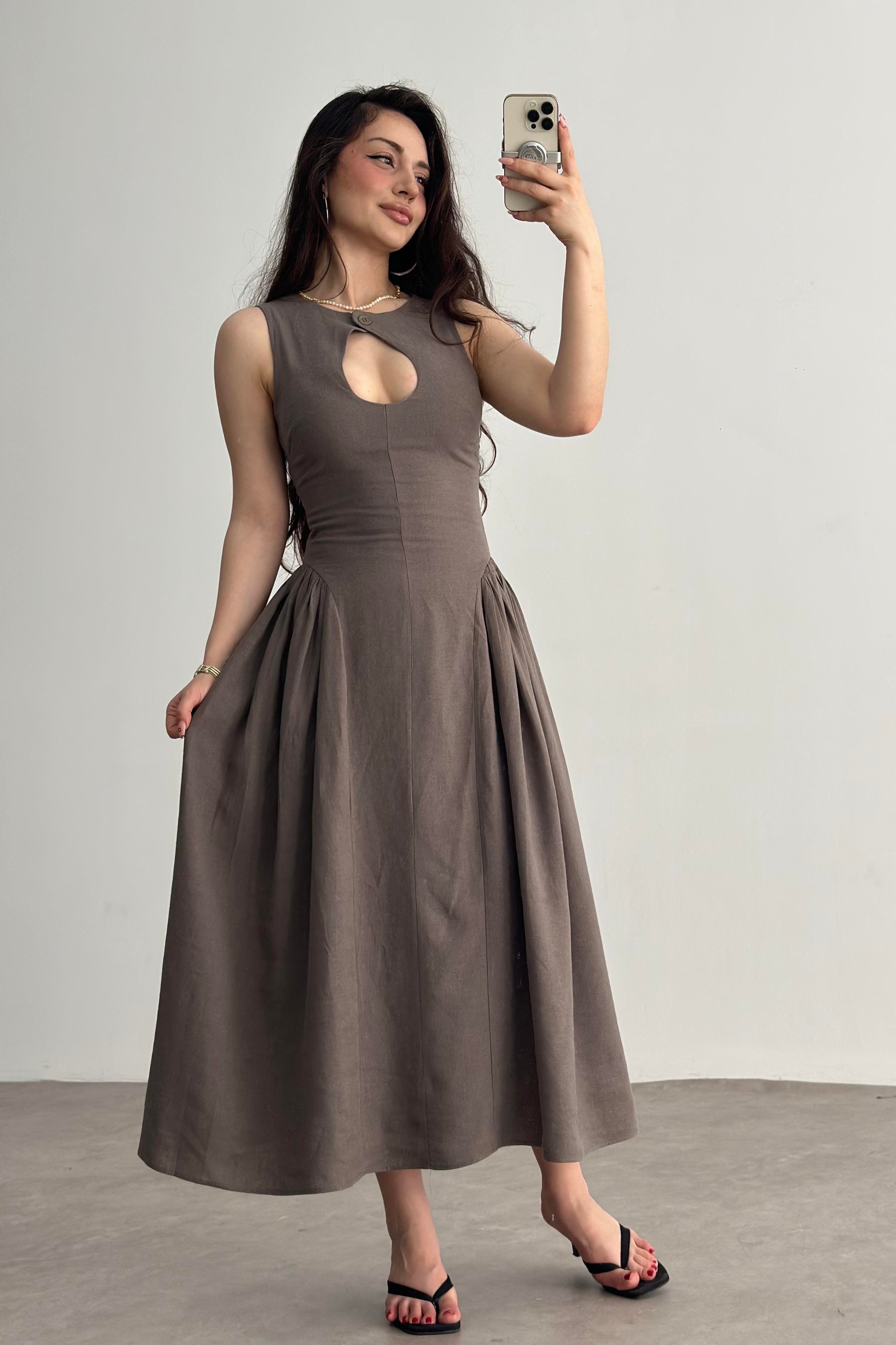 Damla Dekolteli Premium Keten  Midi Elbise Kahve