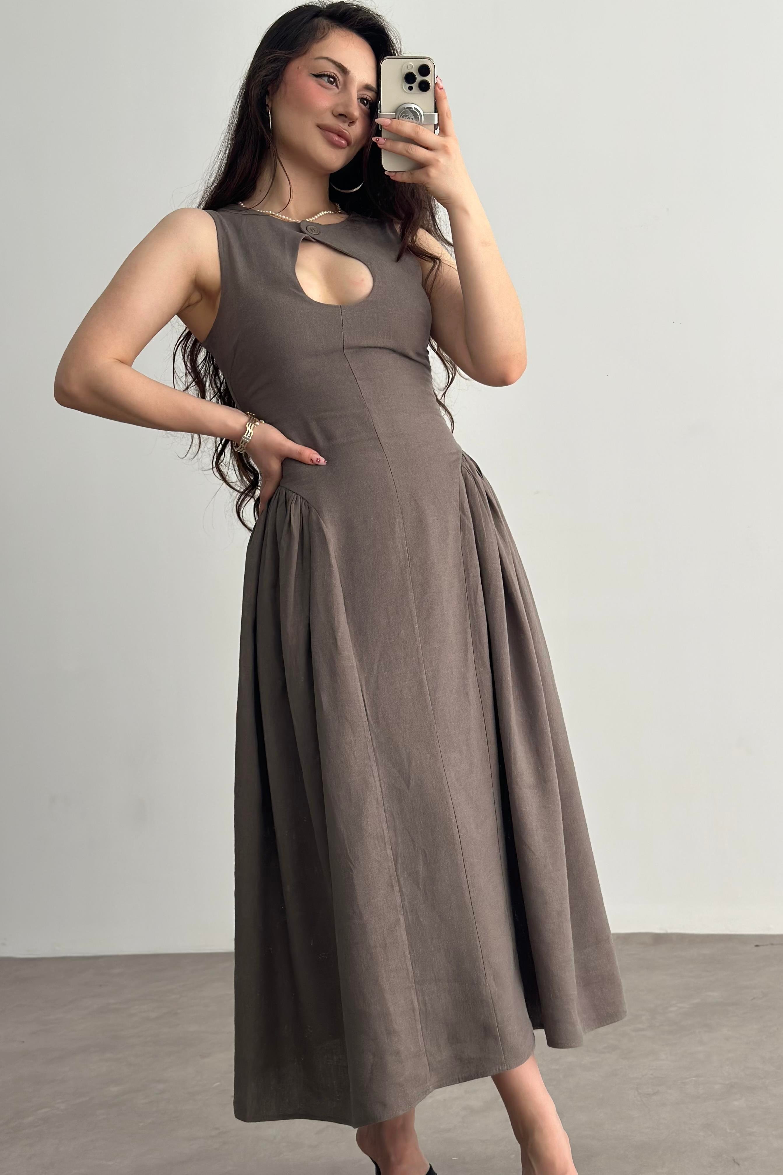 Damla Dekolteli Premium Keten  Midi Elbise Kahve