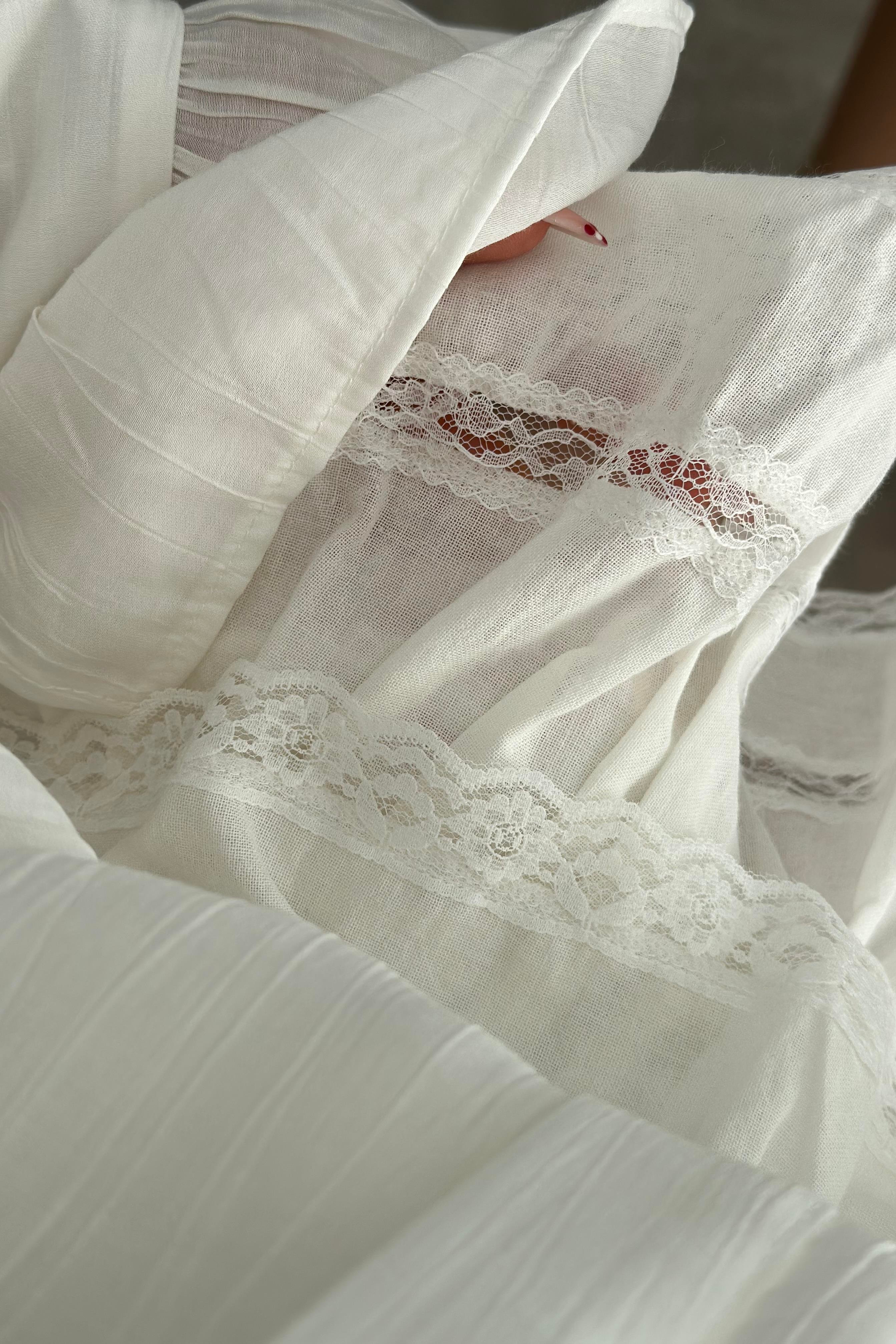 Dantel Katlı Pamuk Dokuma Ekru Etek