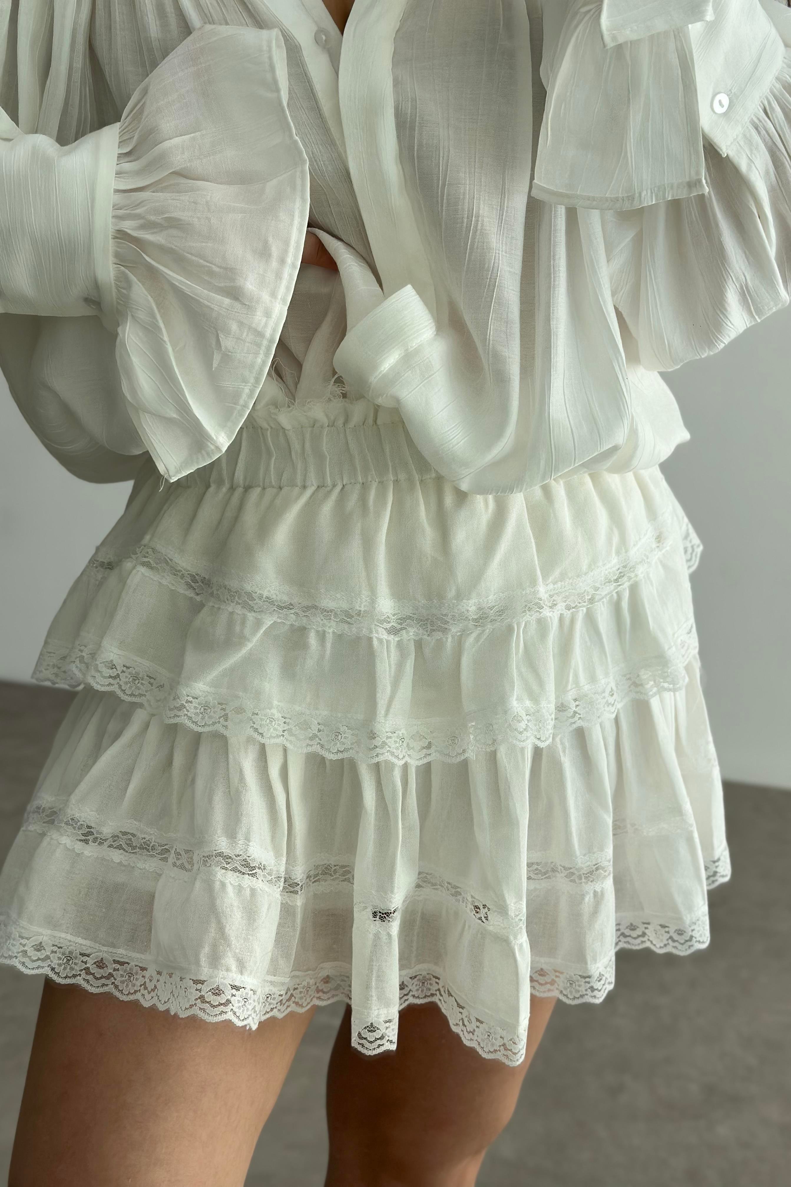 Dantel Katlı Pamuk Dokuma Ekru Etek