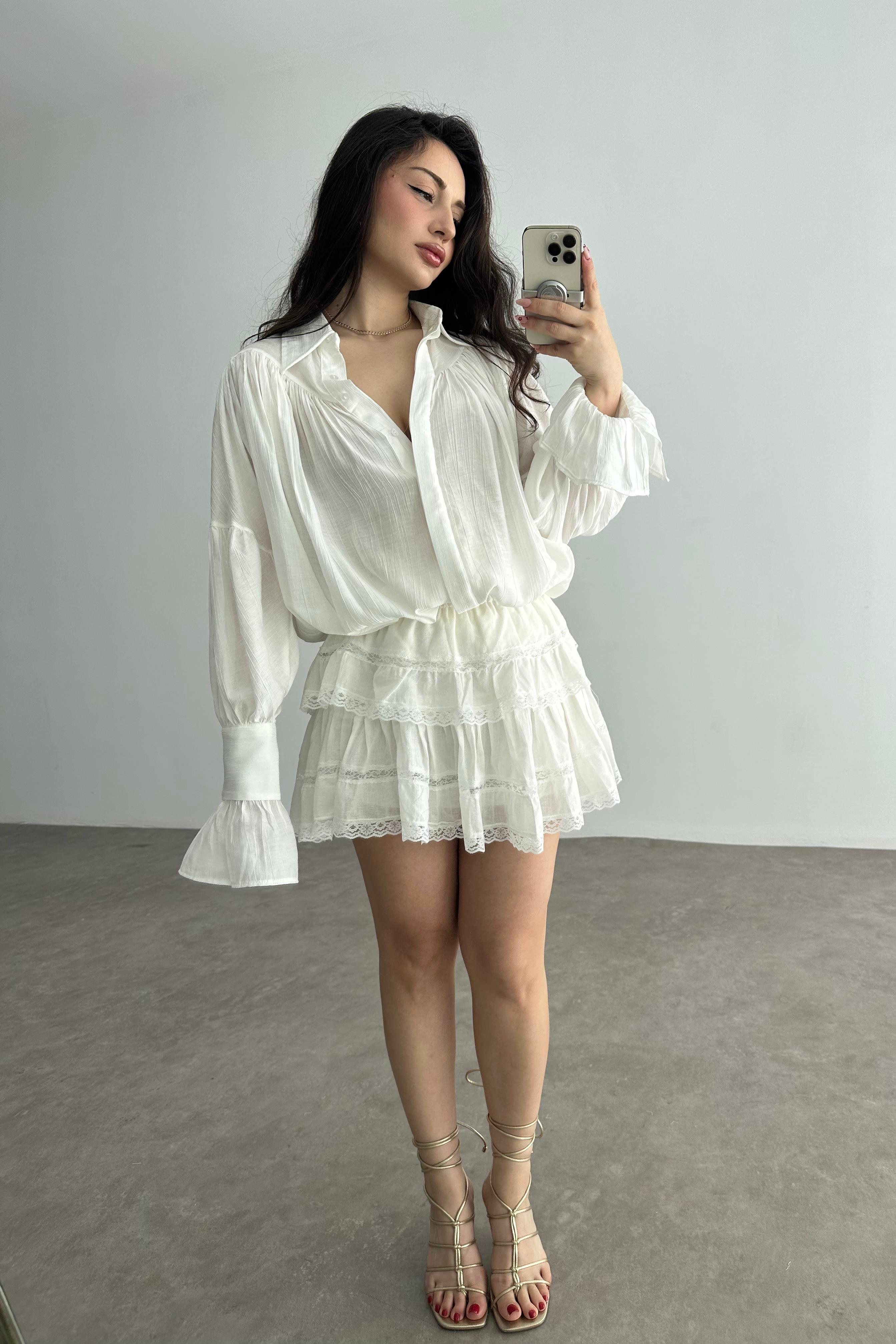 Dantel Katlı Pamuk Dokuma Ekru Etek