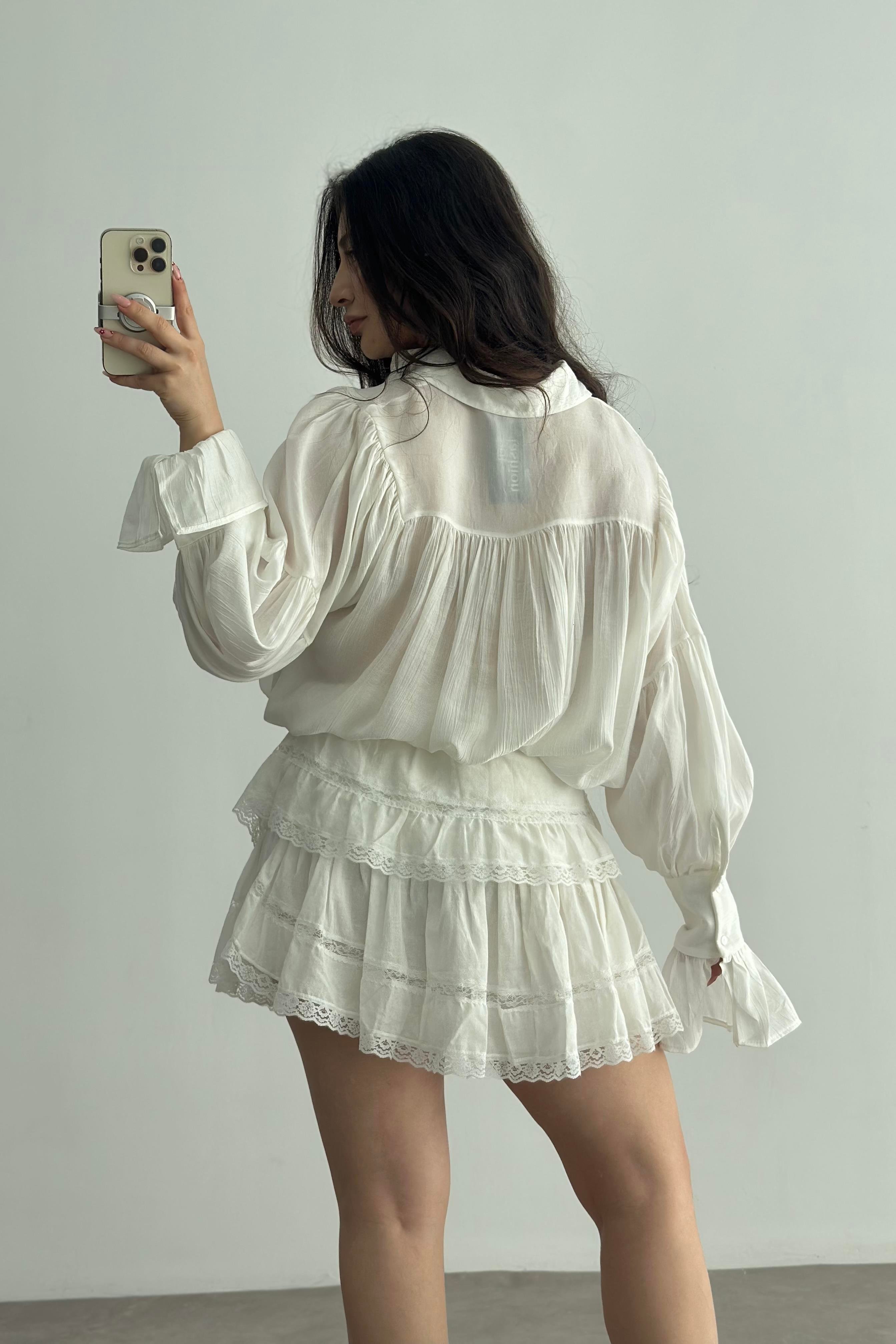 Dantel Katlı Pamuk Dokuma Ekru Etek