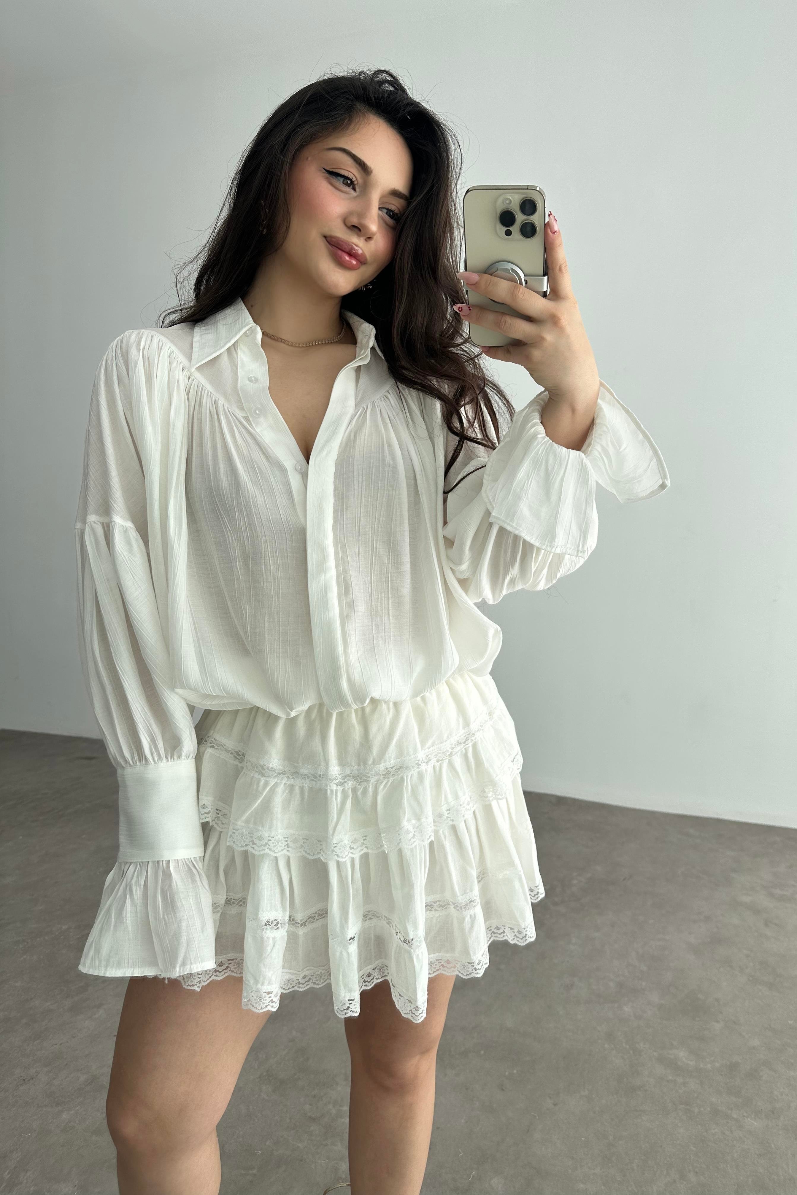 Dantel Katlı Pamuk Dokuma Ekru Etek