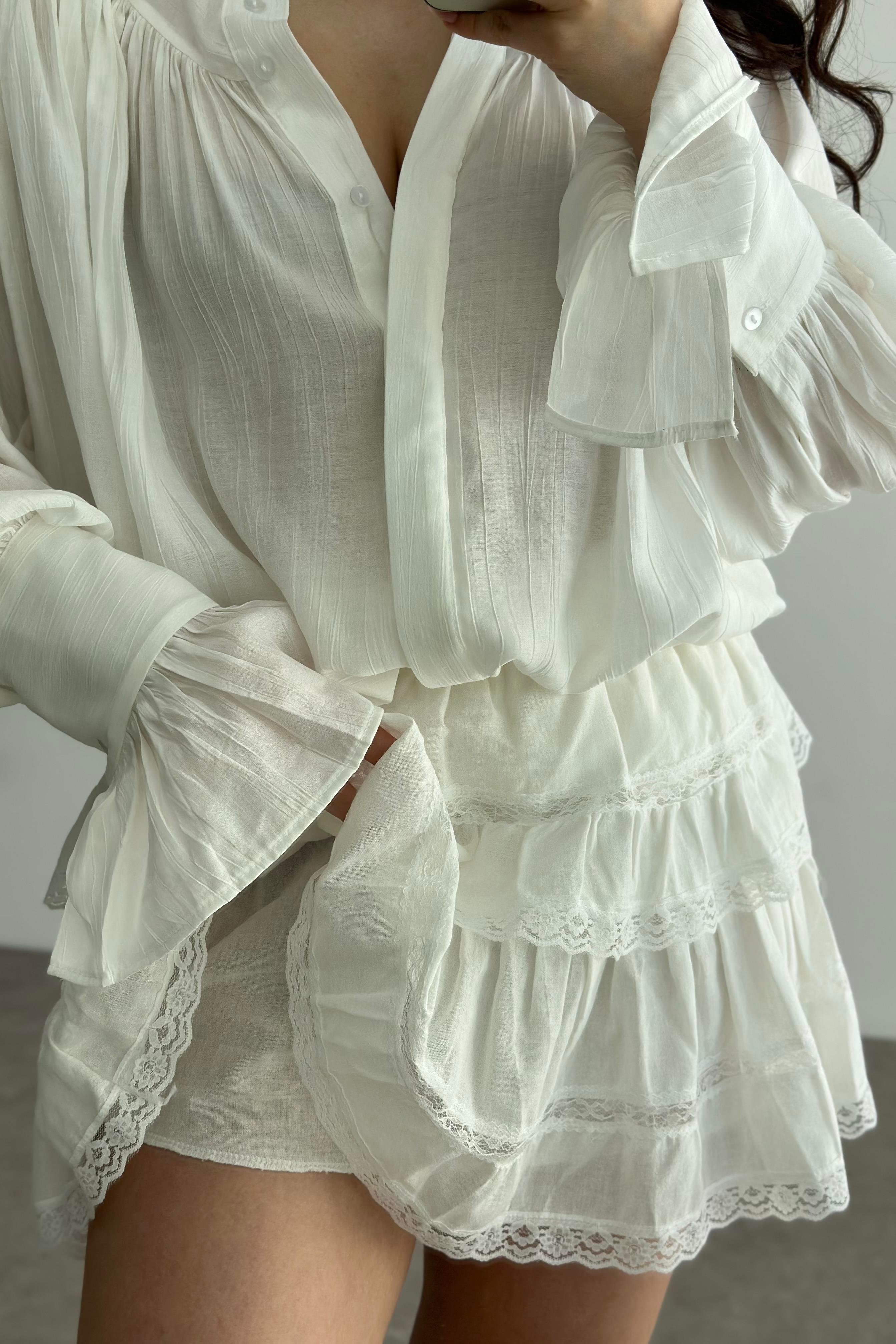 Dantel Katlı Pamuk Dokuma Ekru Etek